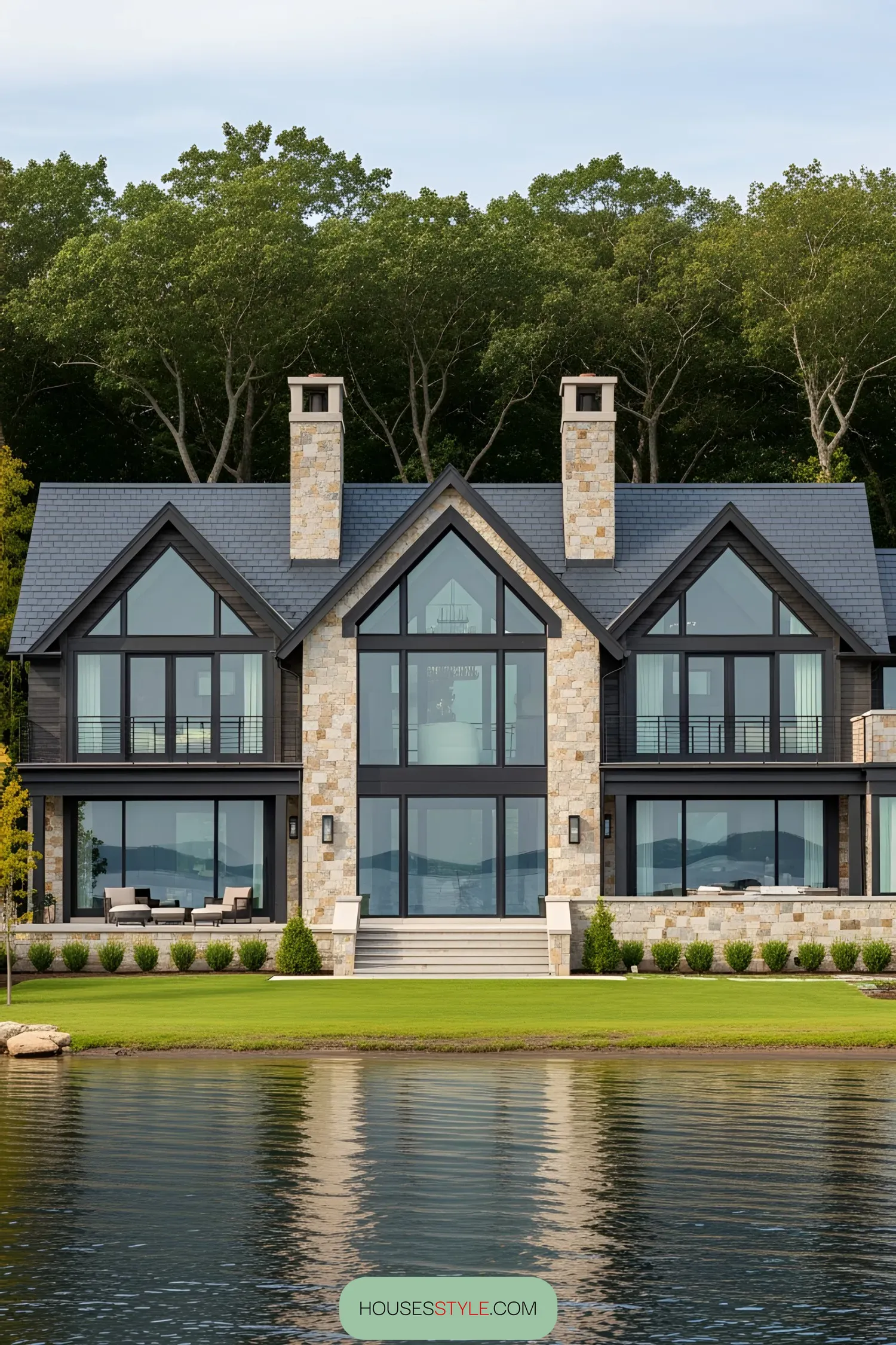 Luxurious lakefront house with large windows and stone chimneys