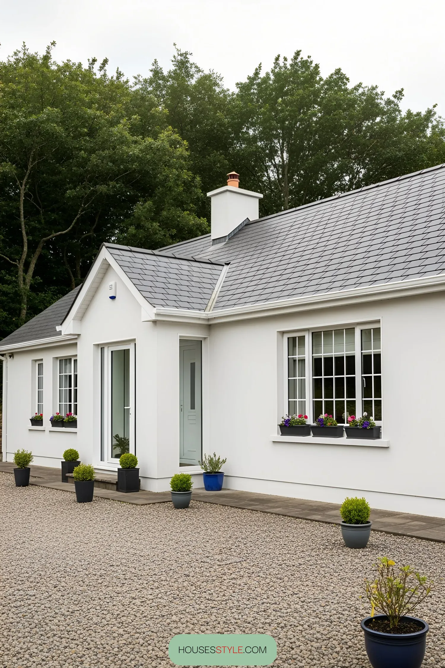 White bungalow with gray roof and potted plants, surrounded by trees