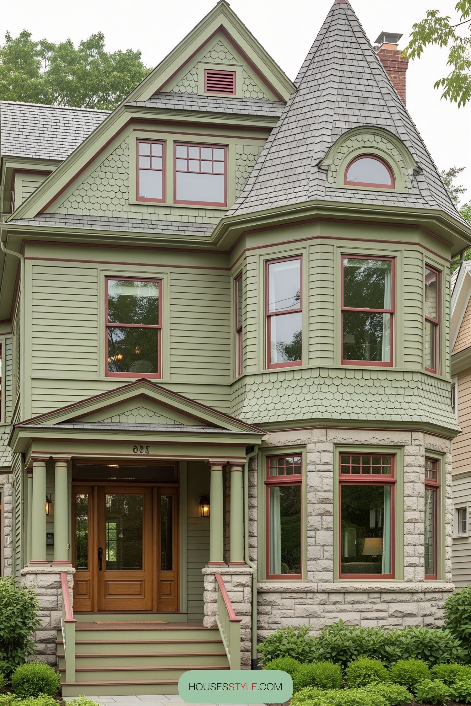Green Victorian house with a turret and ornate details
