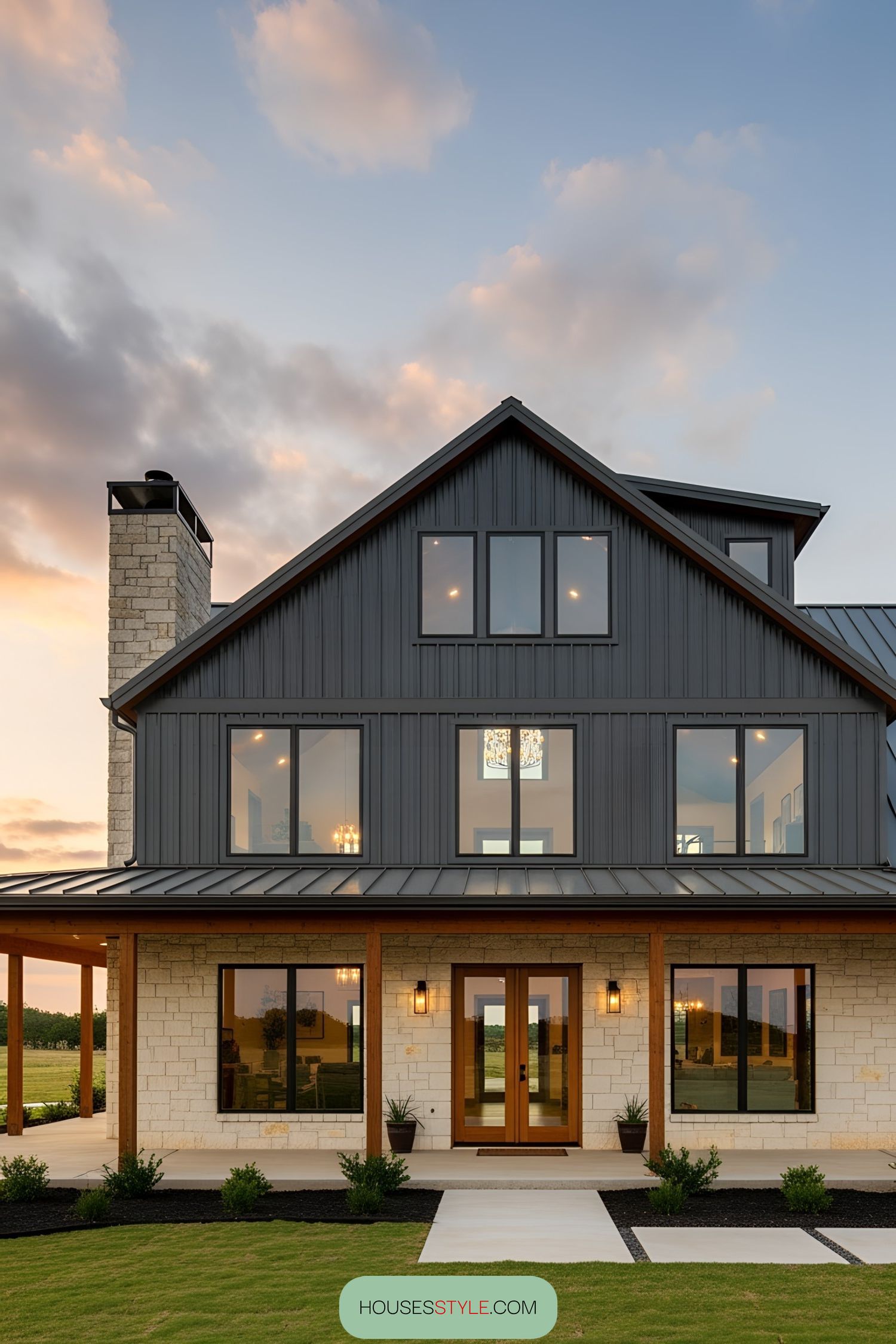 Spacious barnhouse with wraparound porch at sunset
