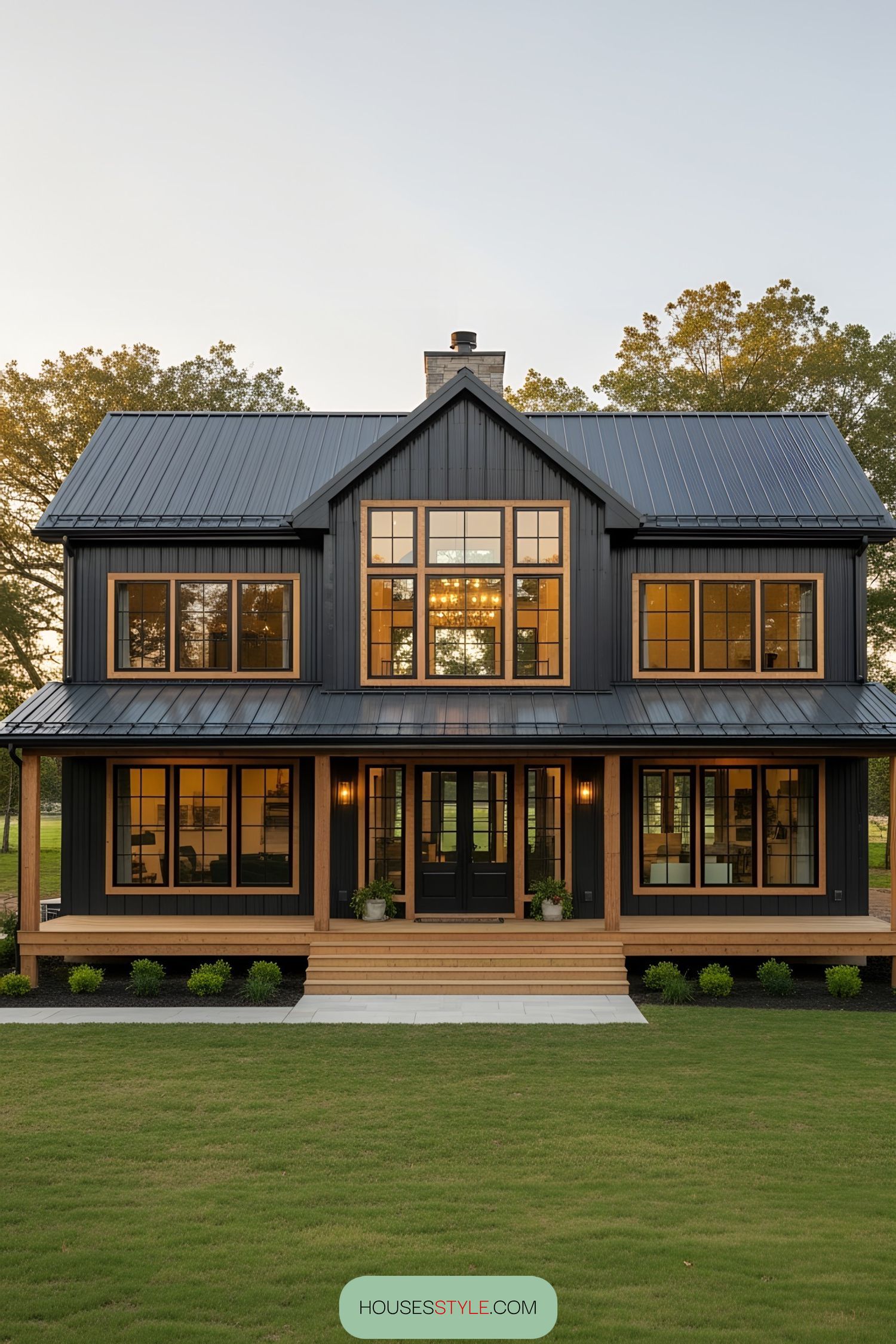 Elegant black barn house with large windows