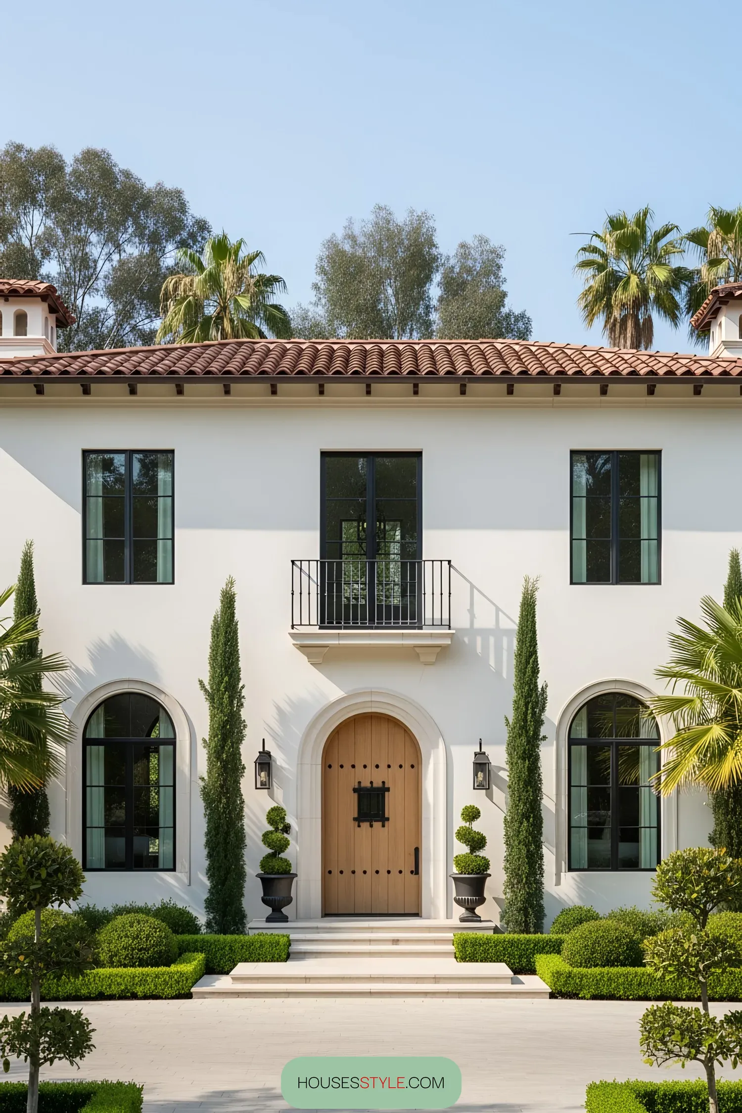 Modern Tuscan villa exterior with lush greenery