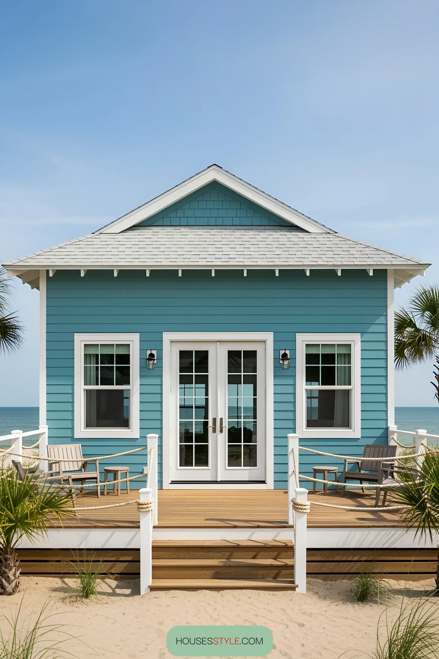 Blue coastal house with deck and ocean view