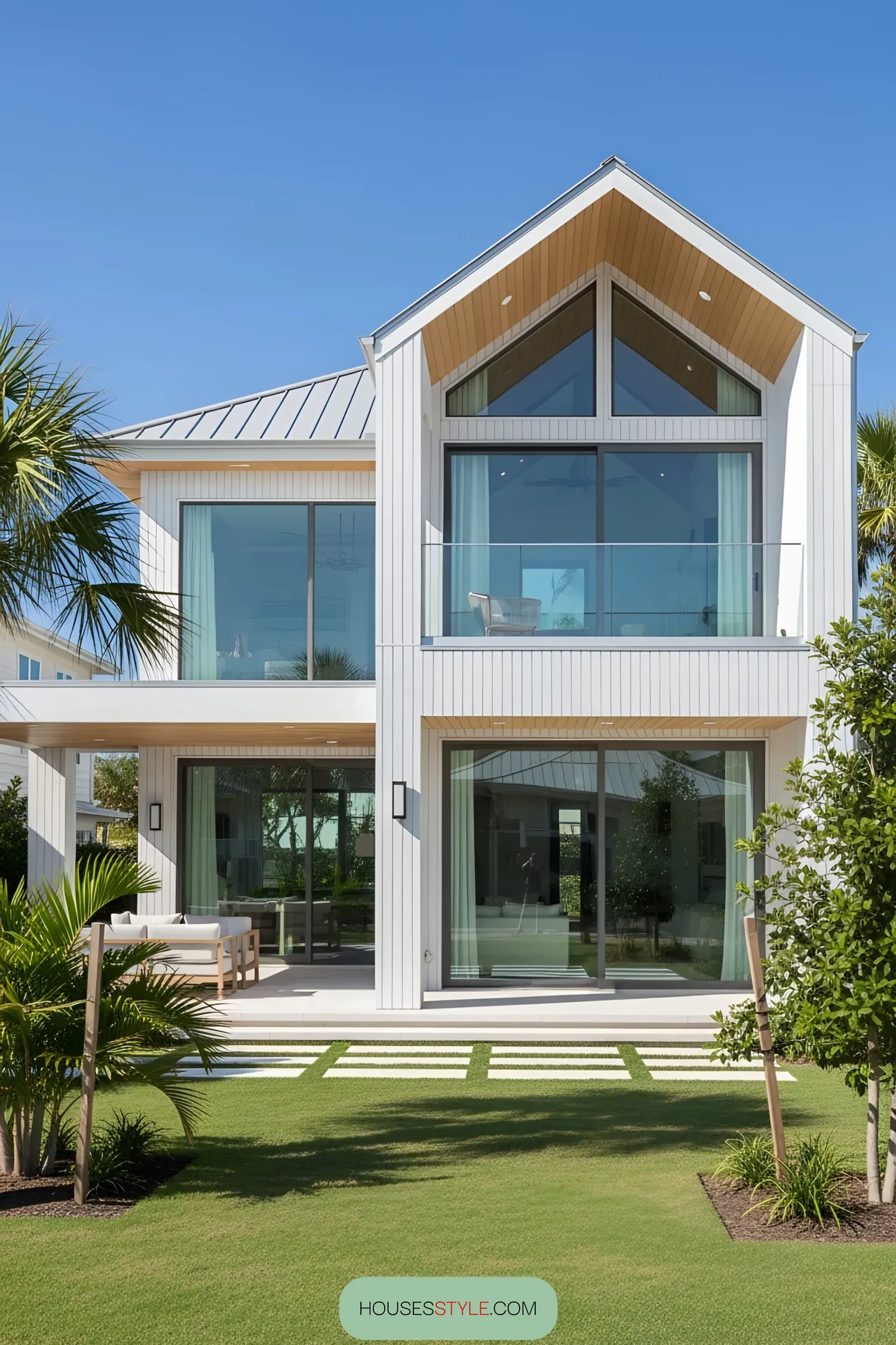 Modern coastal house with large glass windows, white facade, and lush lawn