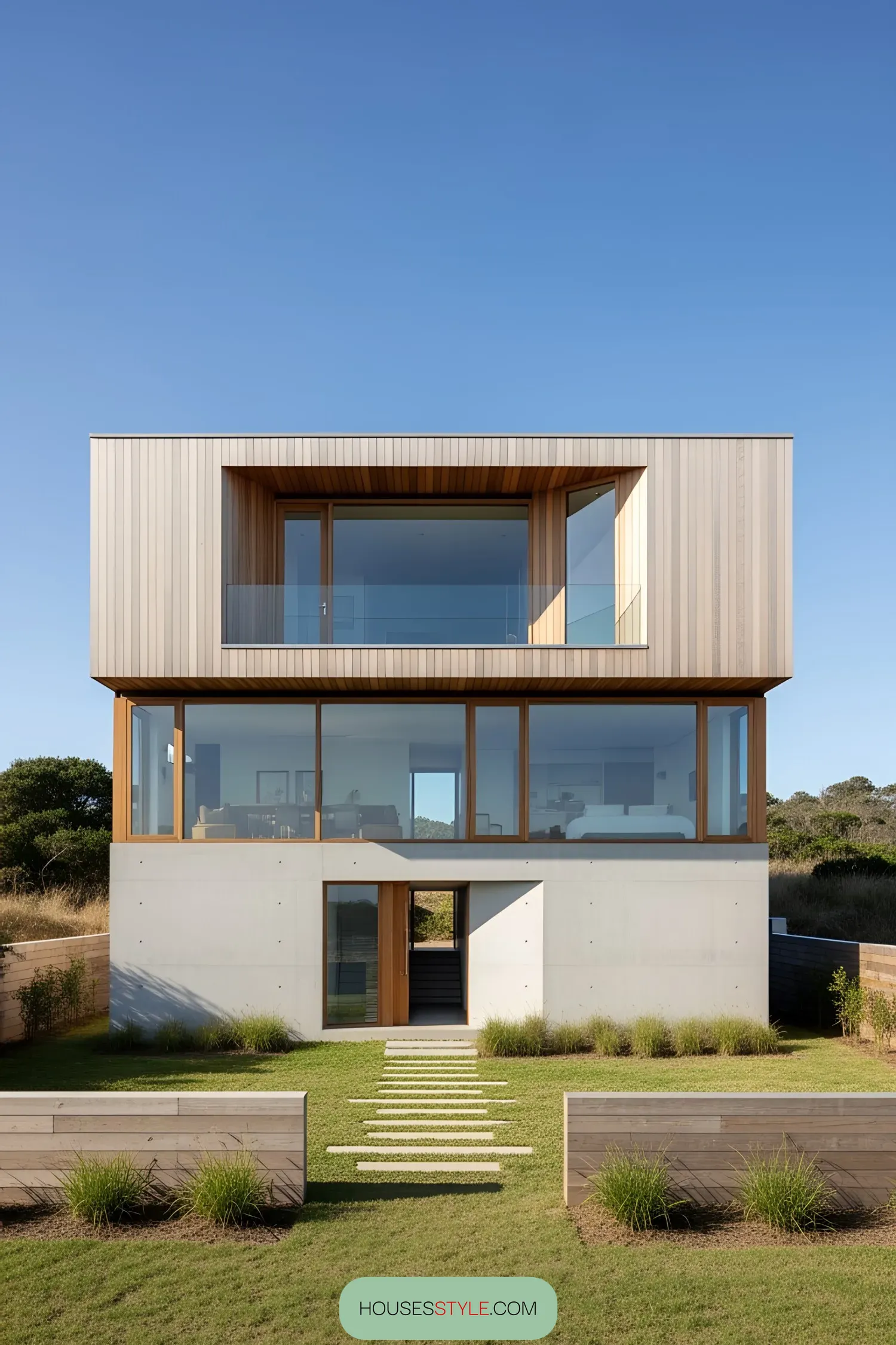 Contemporary coastal home with large glass windows and modern design