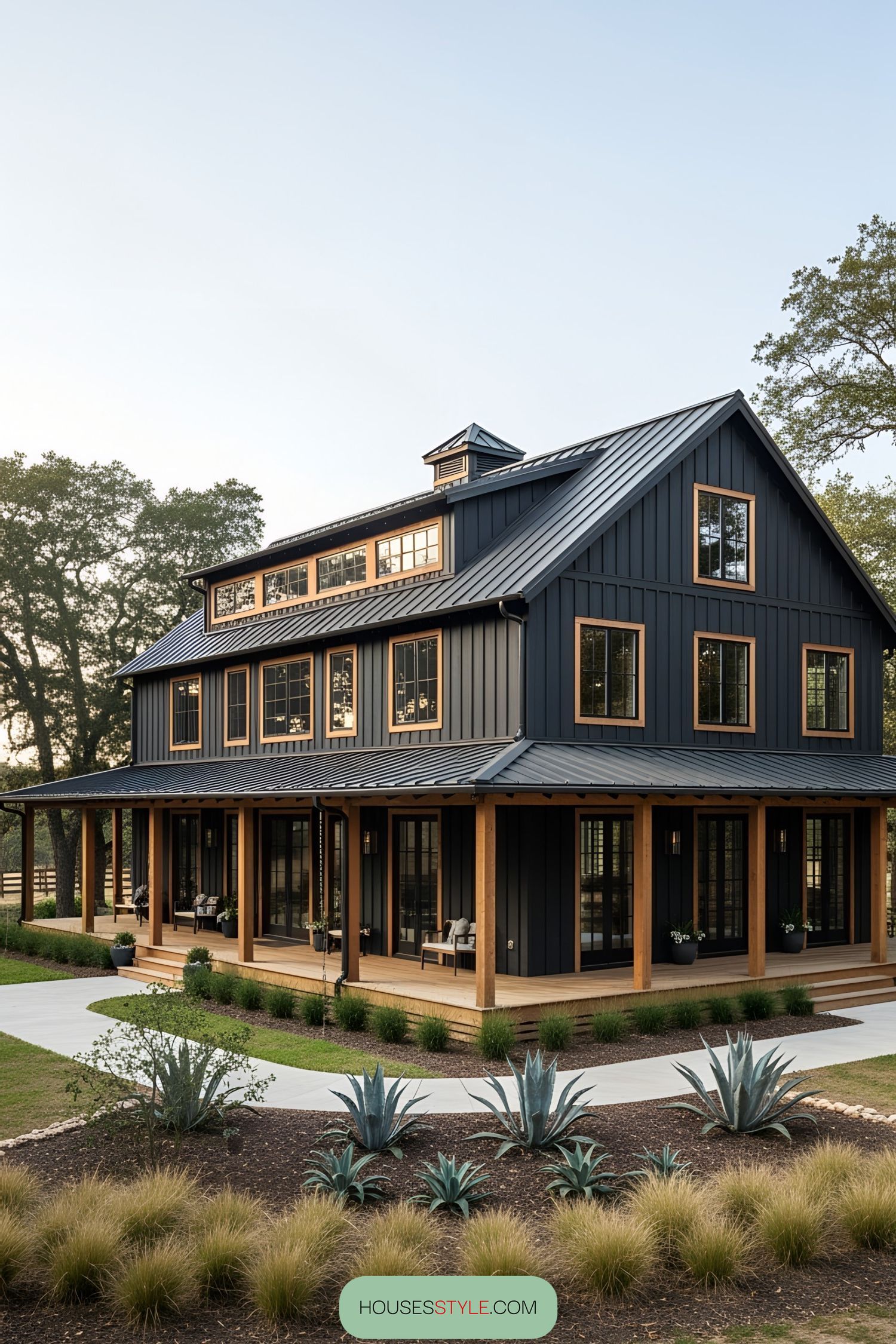 Sleek black barn house with wooden accents and a surrounding garden