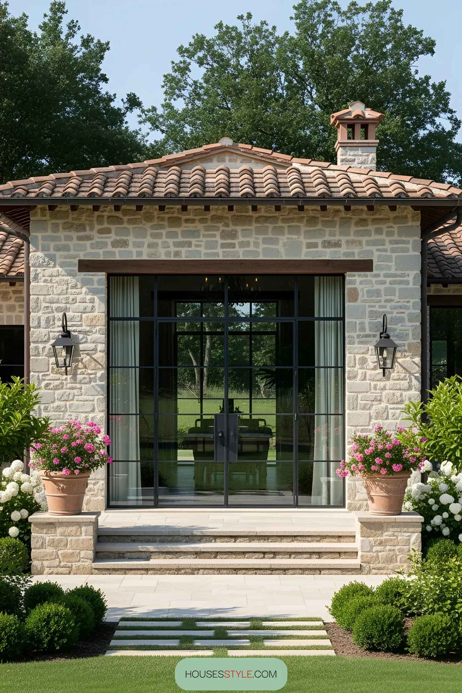 Stone villa with large windows and lush greenery