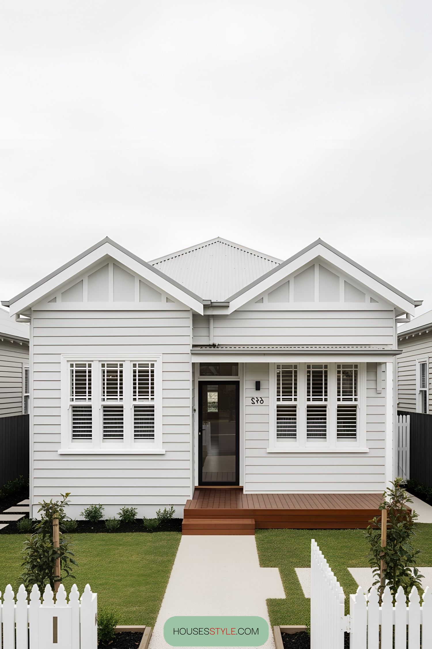 White bungalow with a wooden deck and shutters