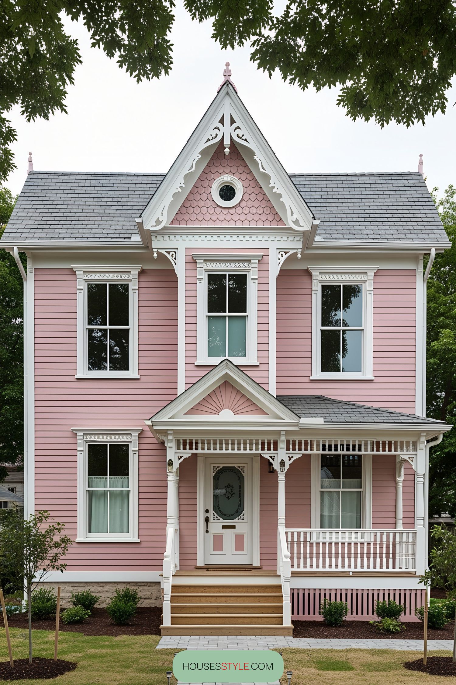 Victorian pink house with ornate details
