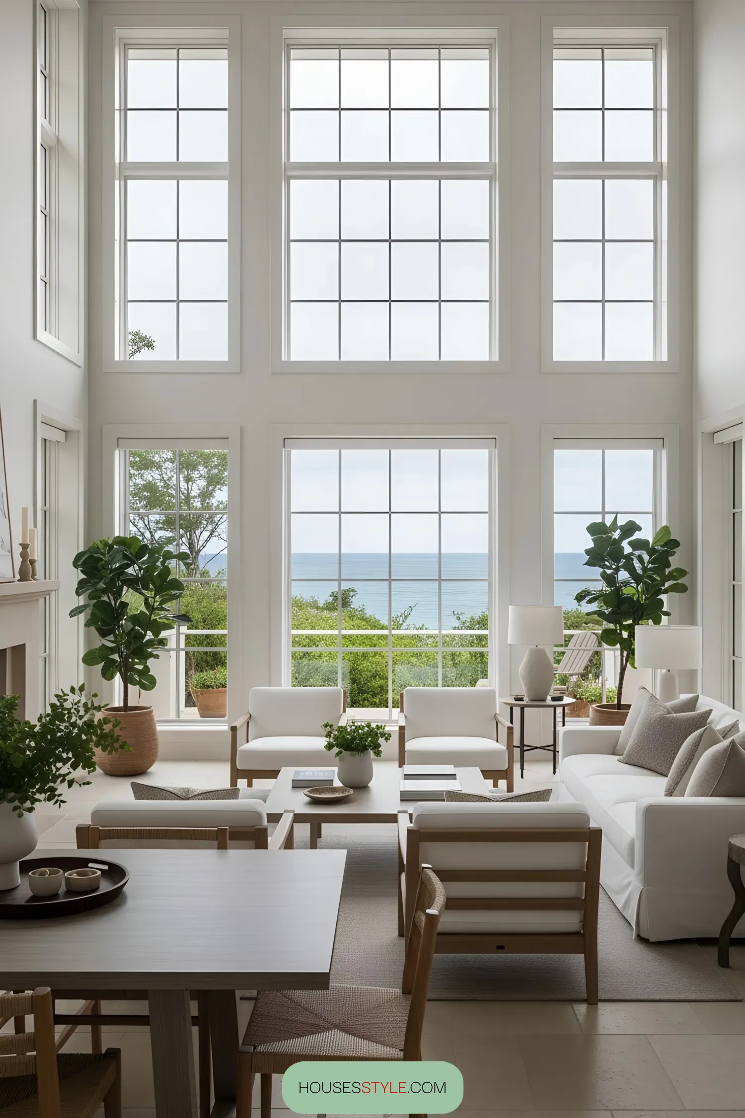 Living room with large windows and ocean view