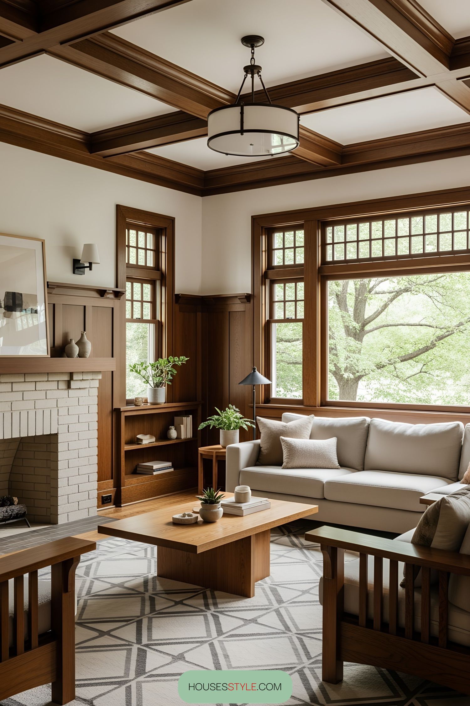 Living room with wooden accents and large windows