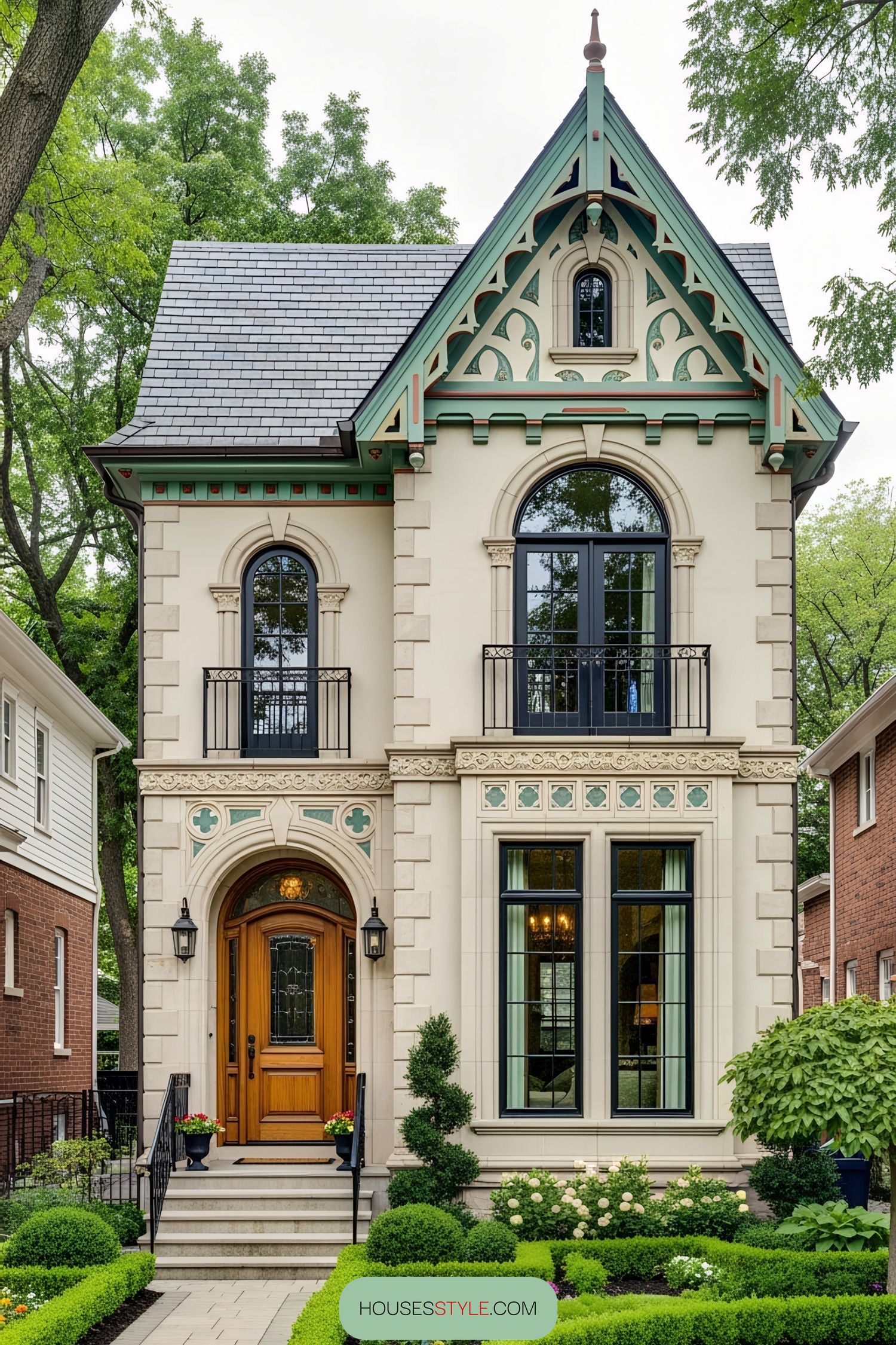 Charming and compact Victorian-style house with lush greenery