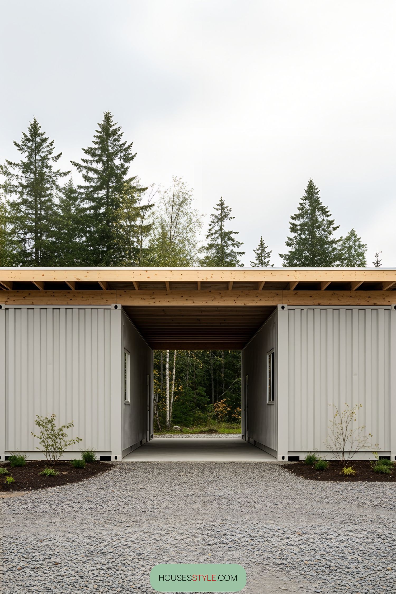 Shipping container workshop with open central corridor