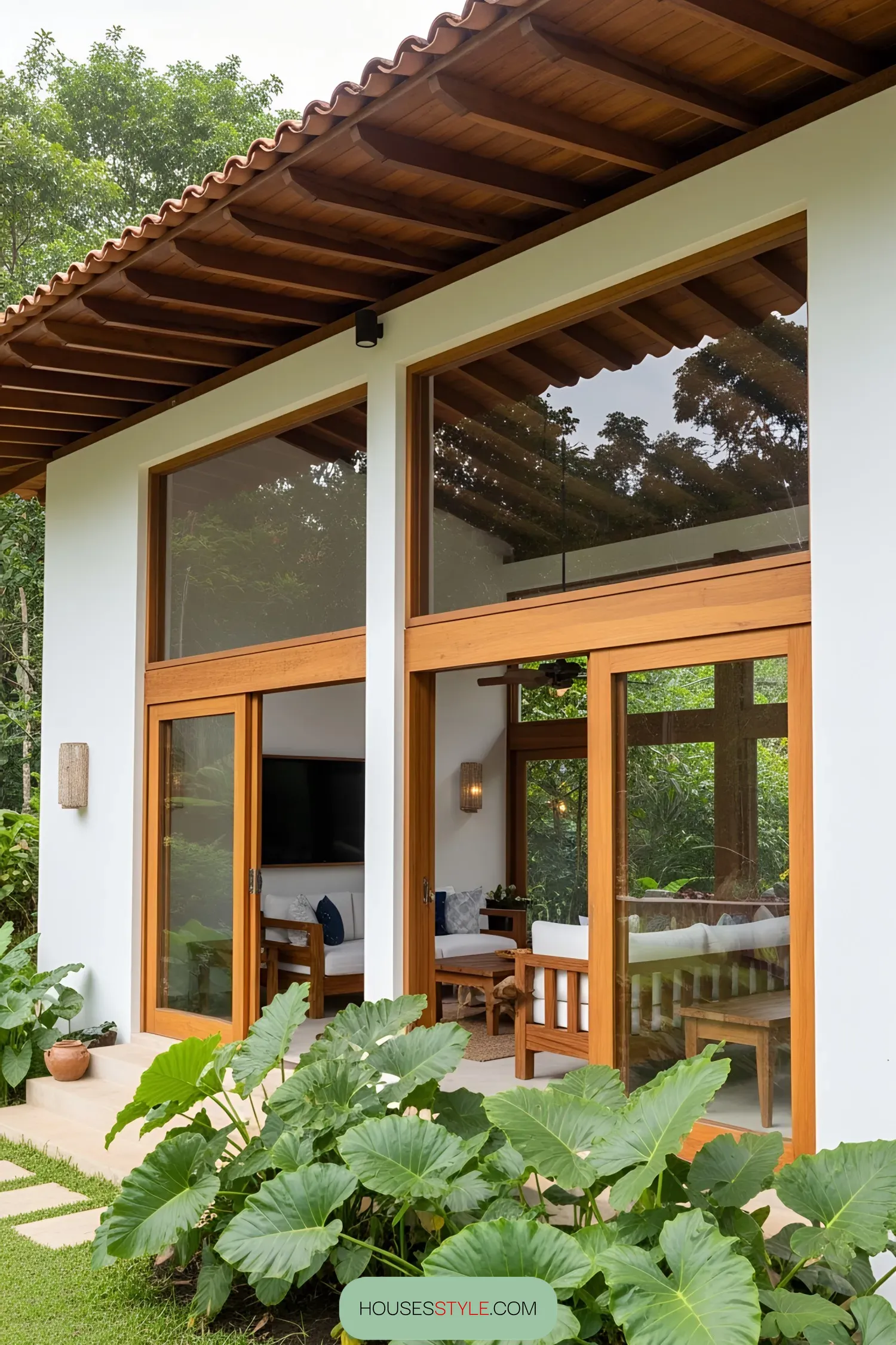A colonial-style house with wooden features surrounded by greenery