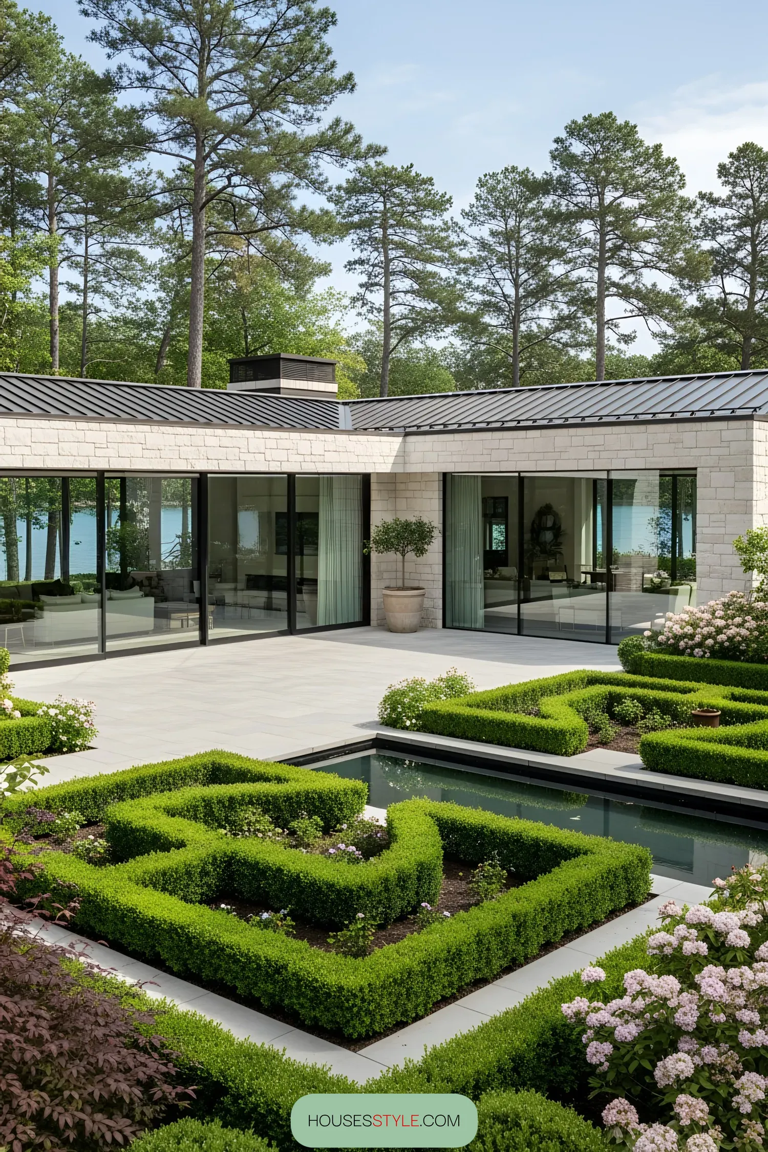 Elegant lake house with manicured gardens and modern design