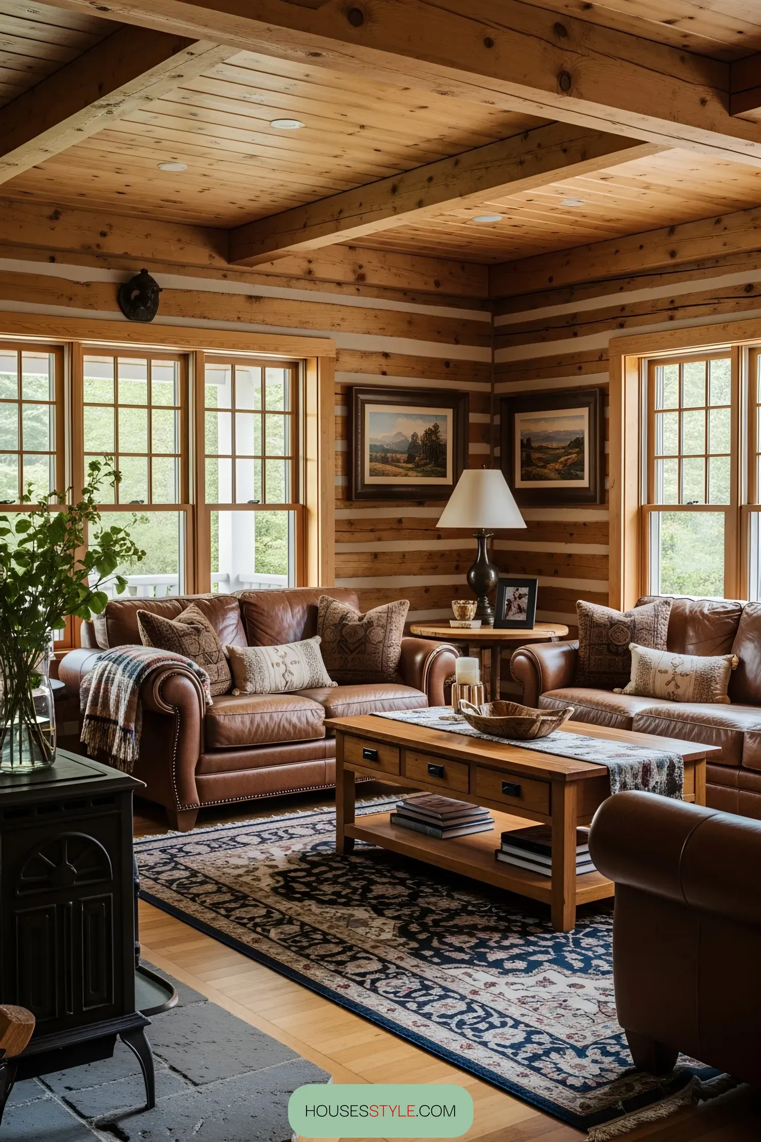 Log cabin living room with leather sofas, wooden table, and large windows