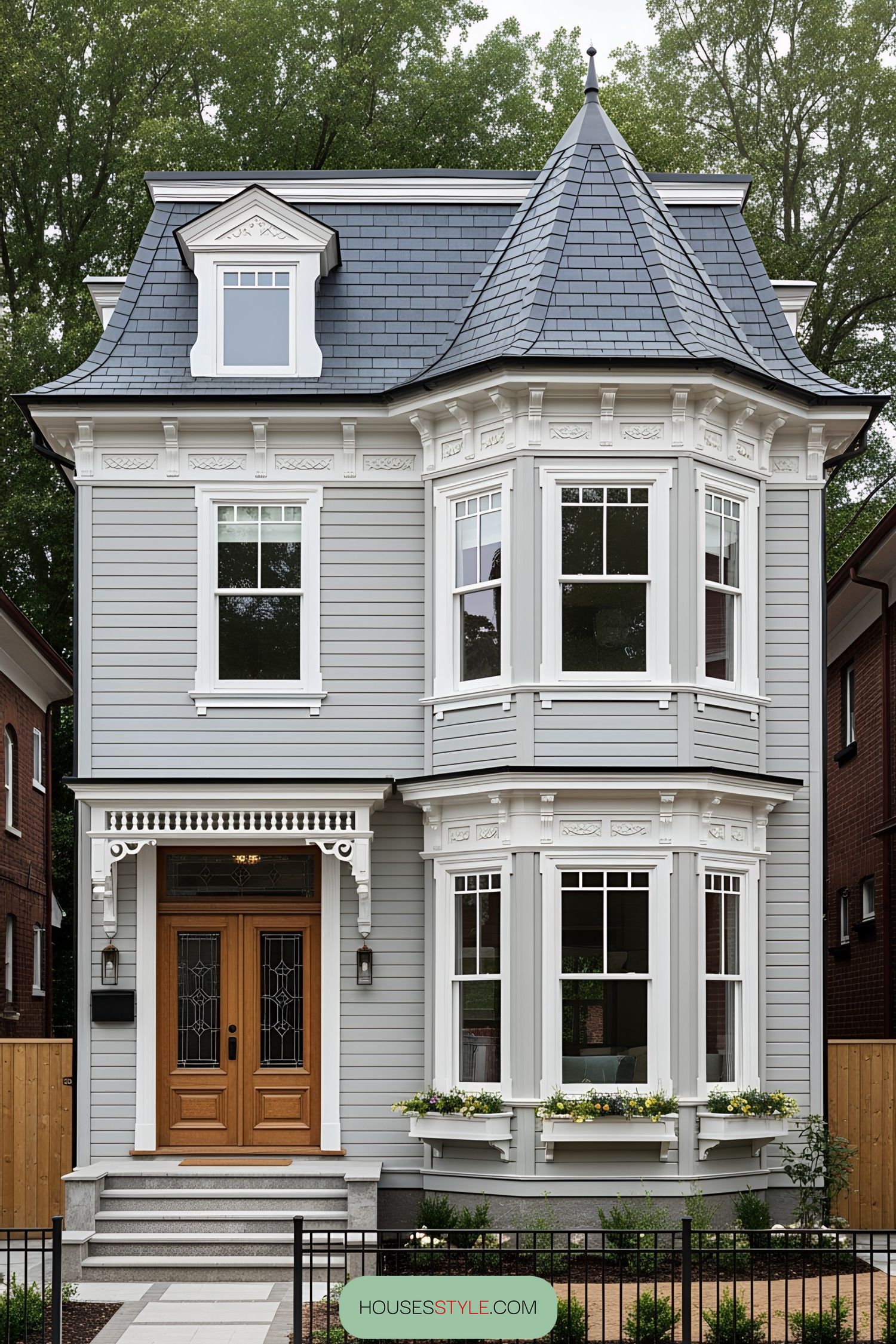 Small Victorian house with a turret and ornate details