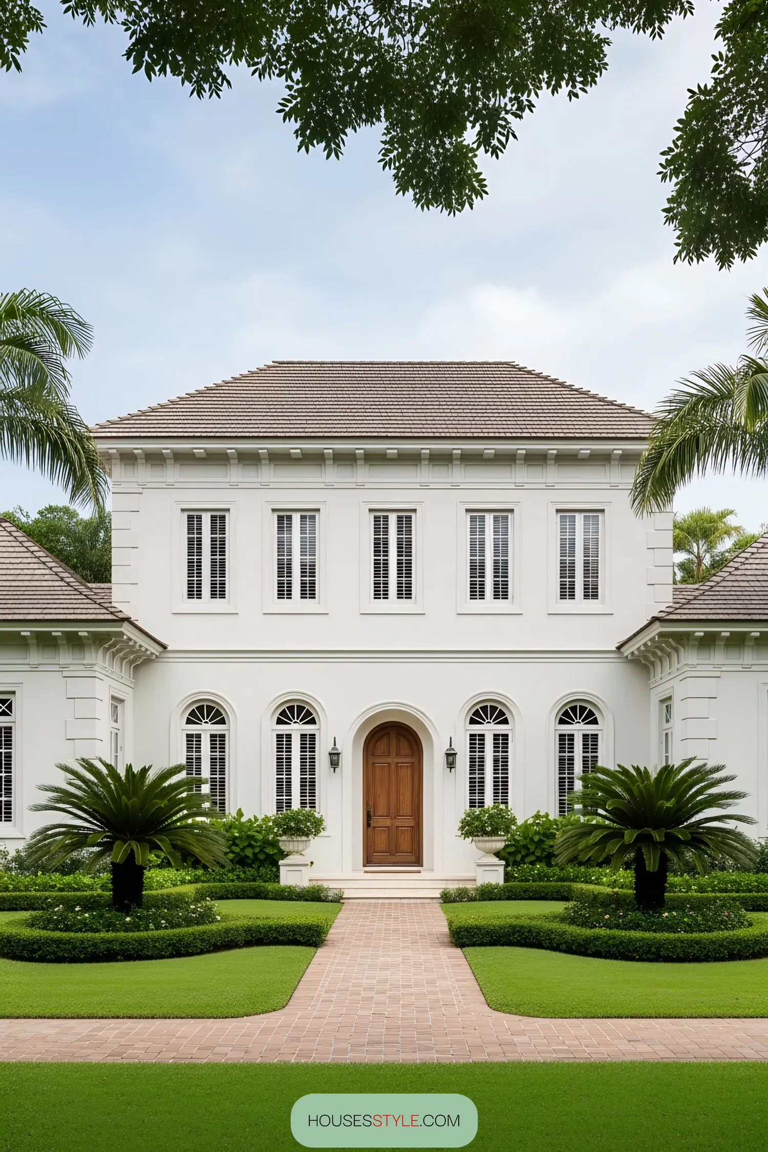 Colonial house with garden and palm trees