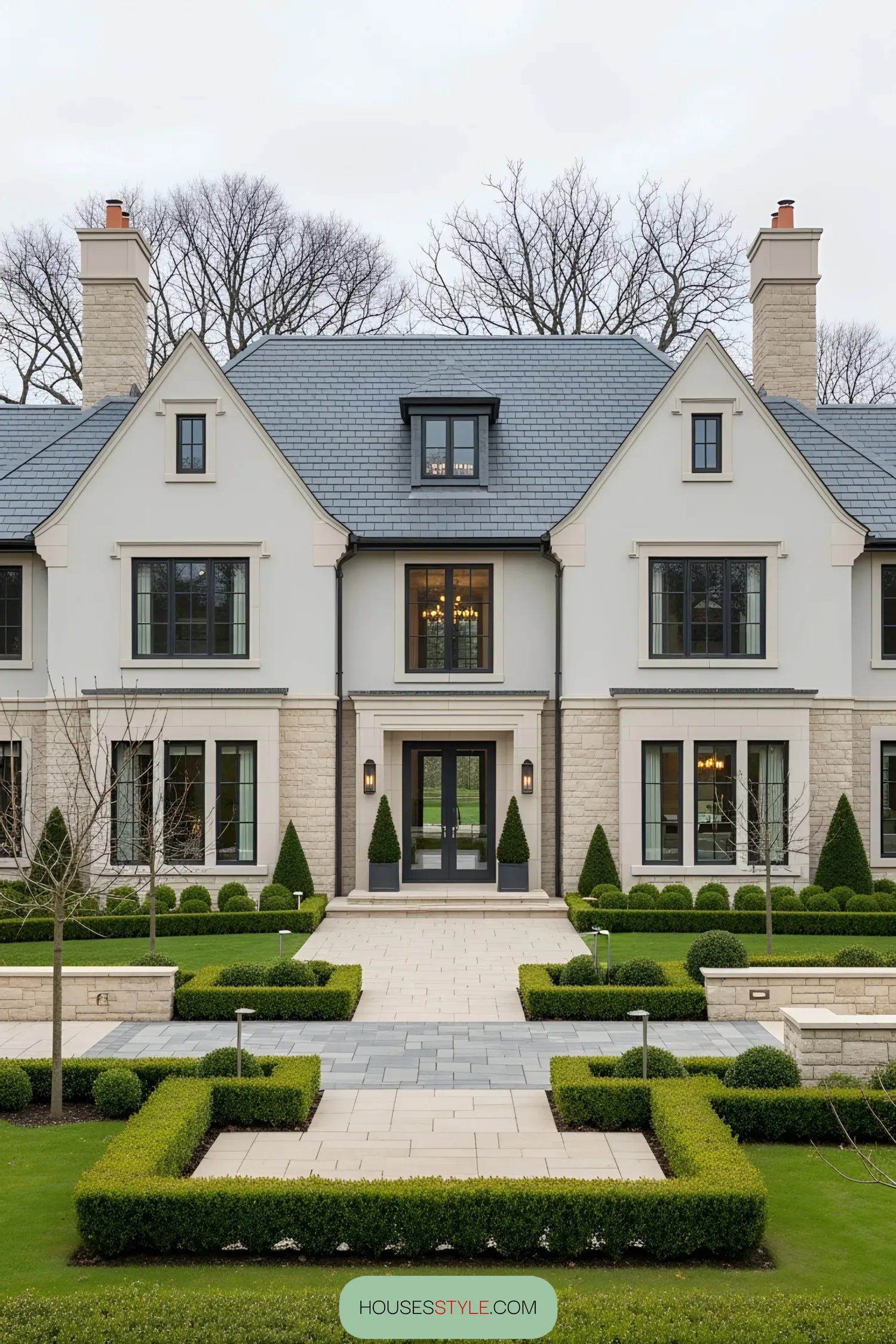 Elegant country manor with manicured gardens and classic architecture