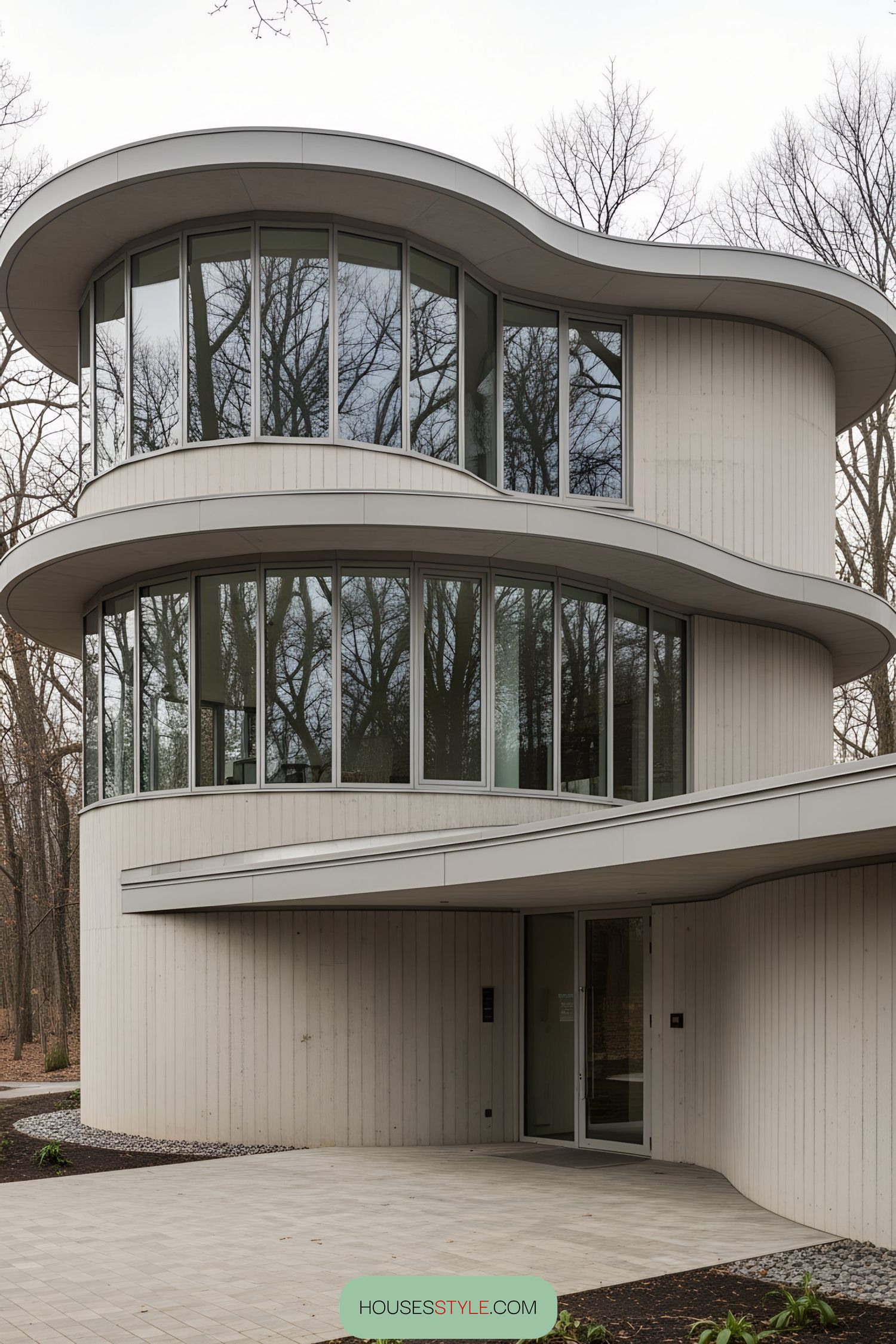 Wavy modern house with large glass windows amid trees