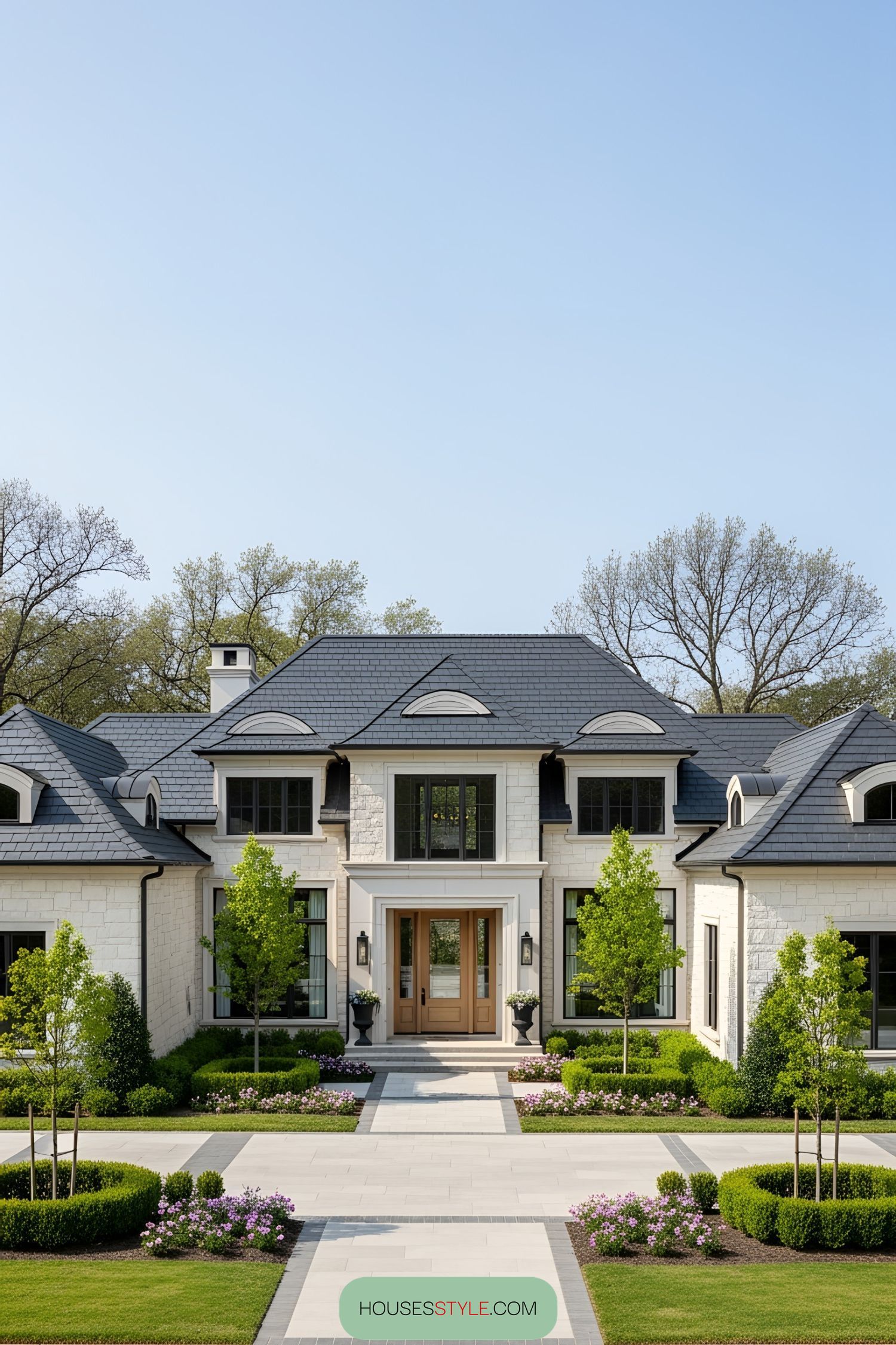 Luxurious house with symmetric design and lush landscaping