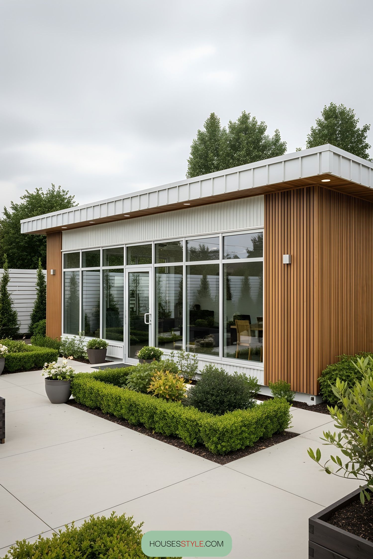 Stylish container office with a wooden facade and large windows