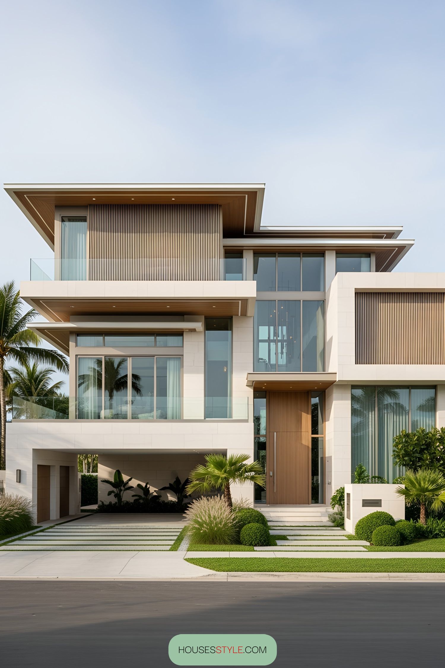A stunning modern villa with grand glass windows and lush greenery in front