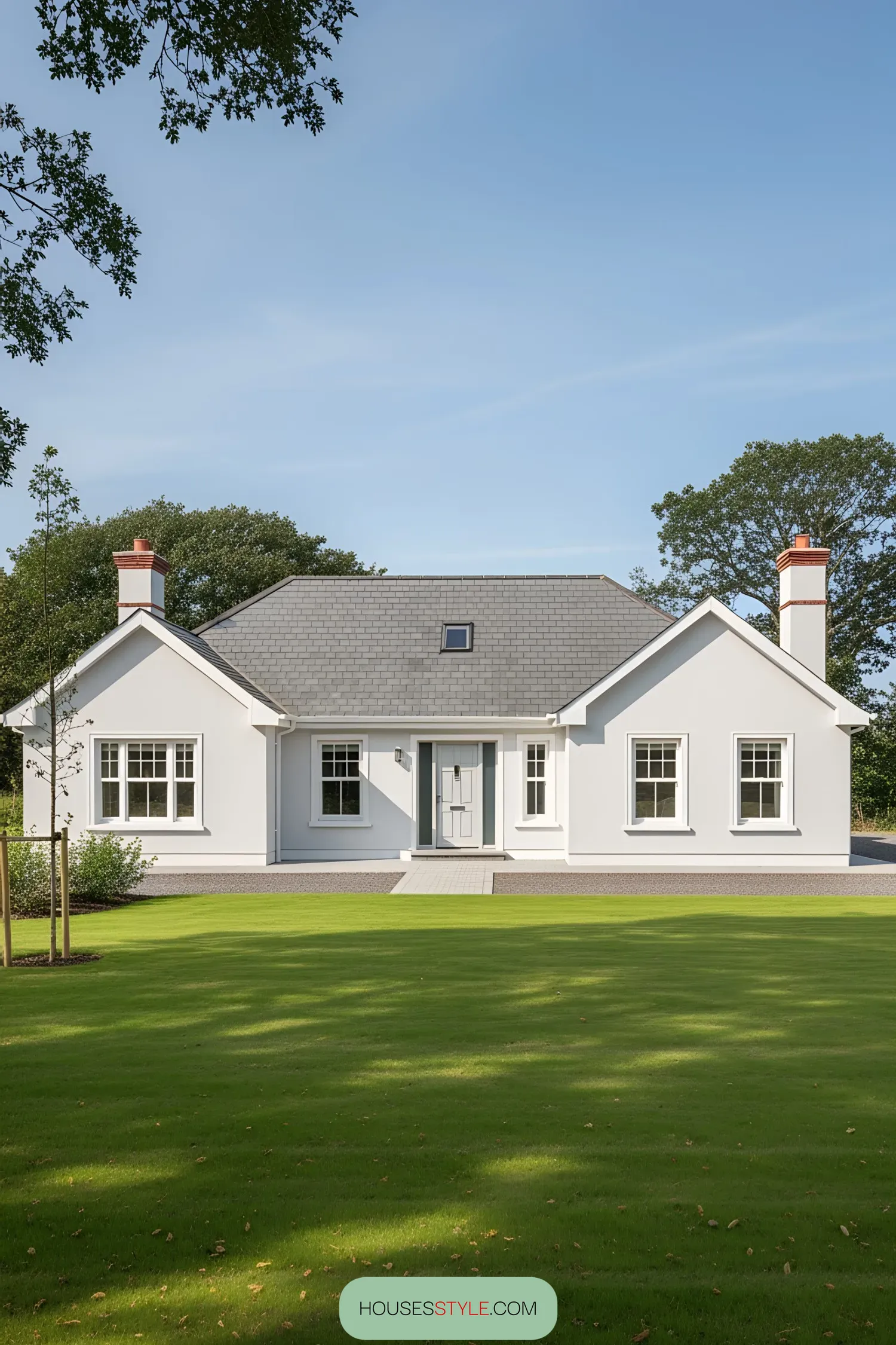 Whitewashed Irish bungalow with a spacious front lawn