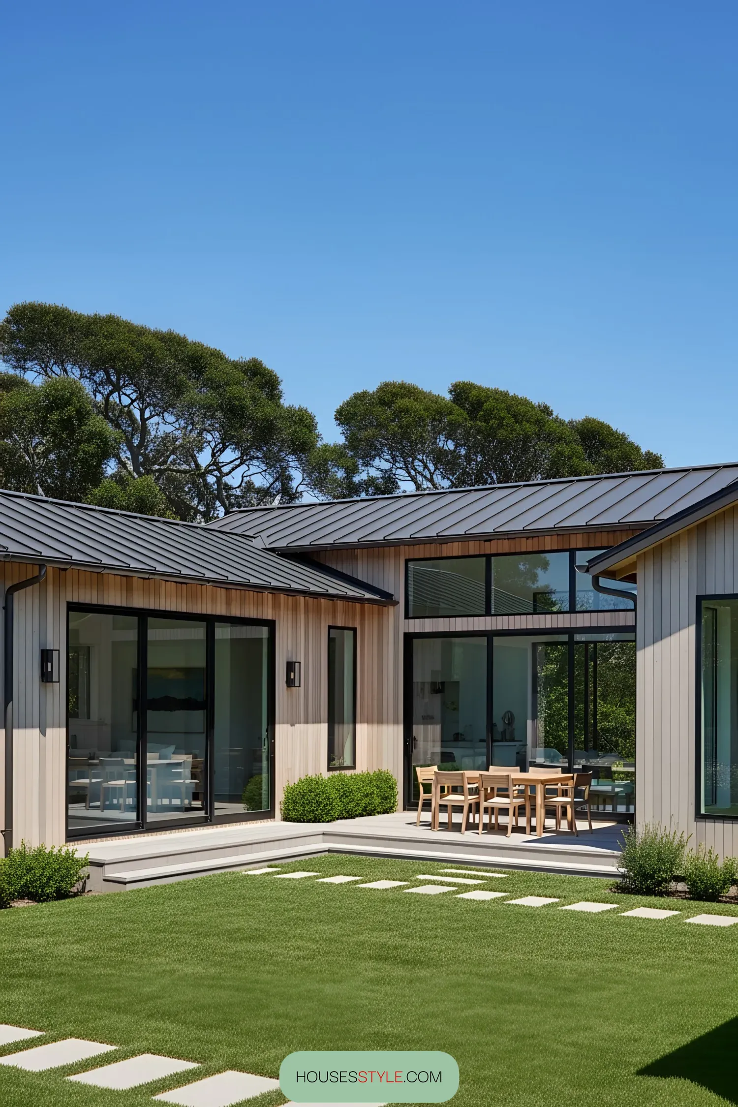 Contemporary coastal house with glass doors and lush greenery