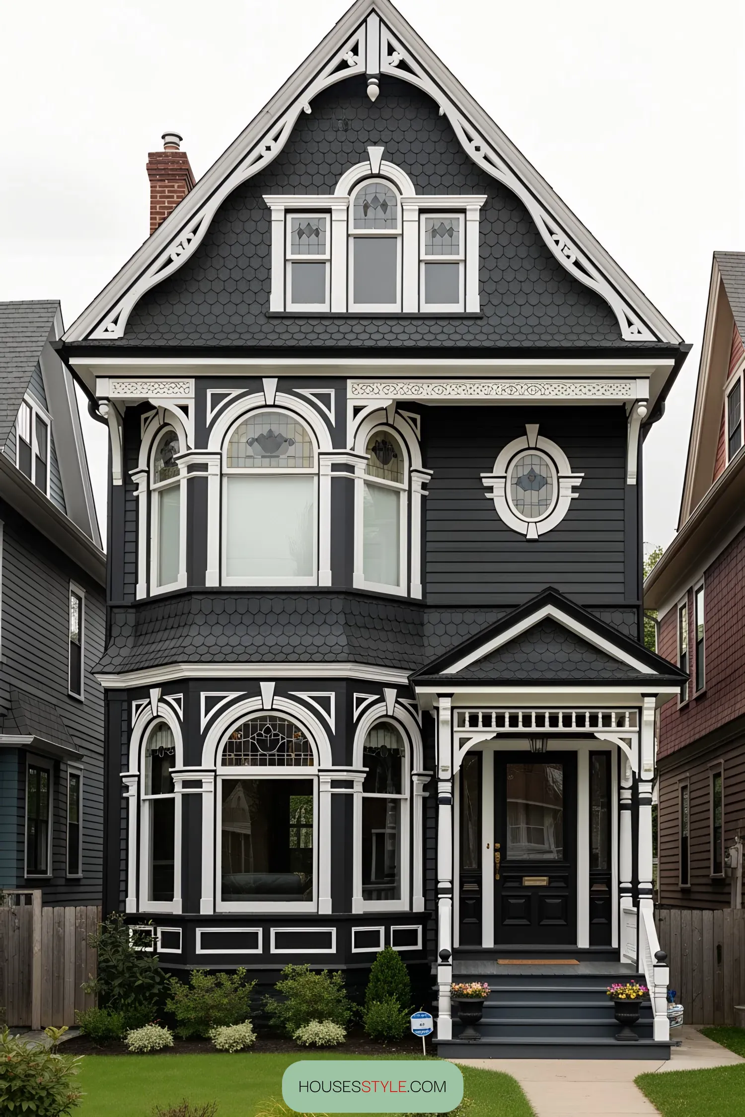 Charming black Victorian house with intricate white trim