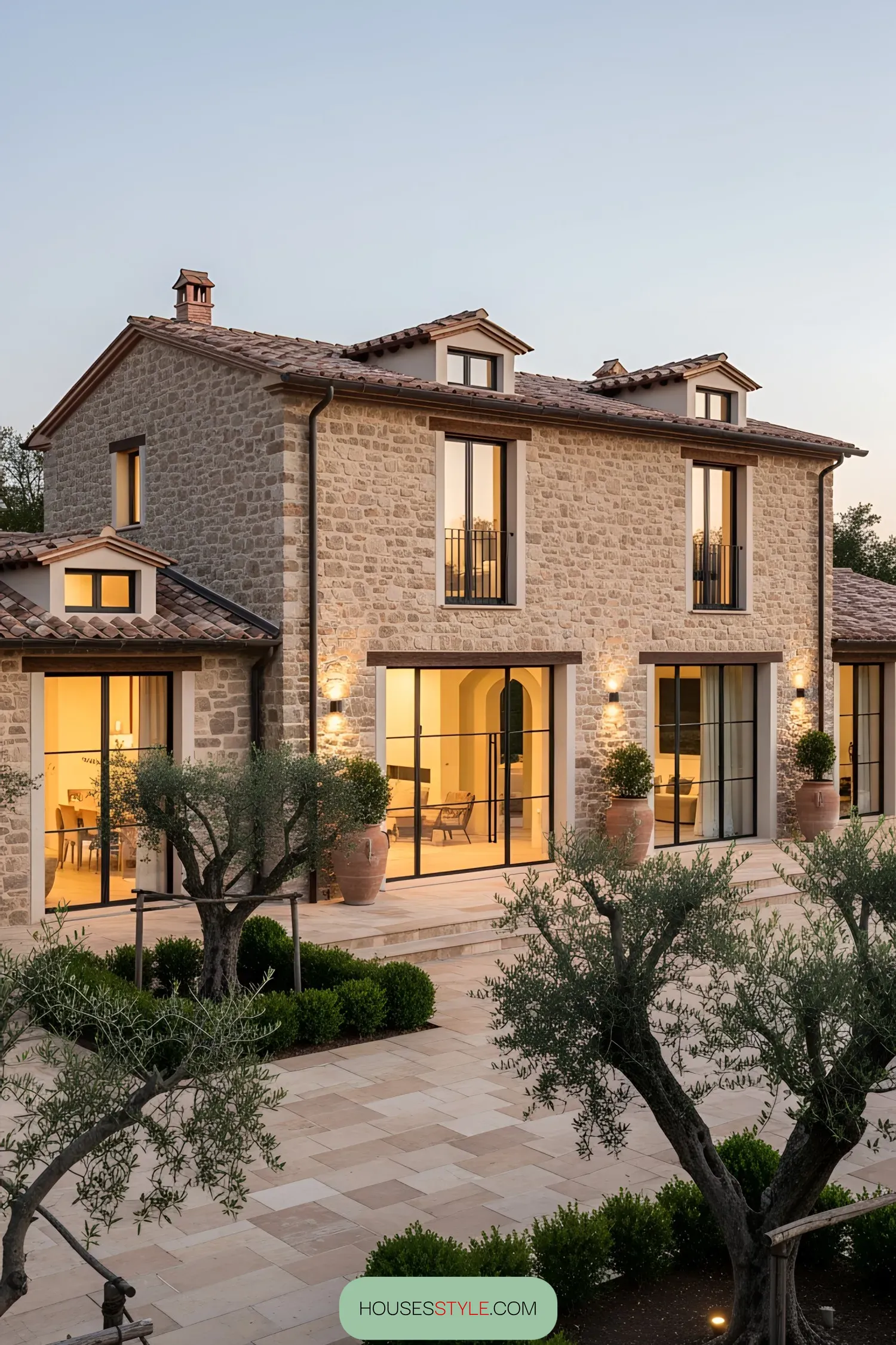 Modern Tuscan villa courtyard with stone facade and large windows