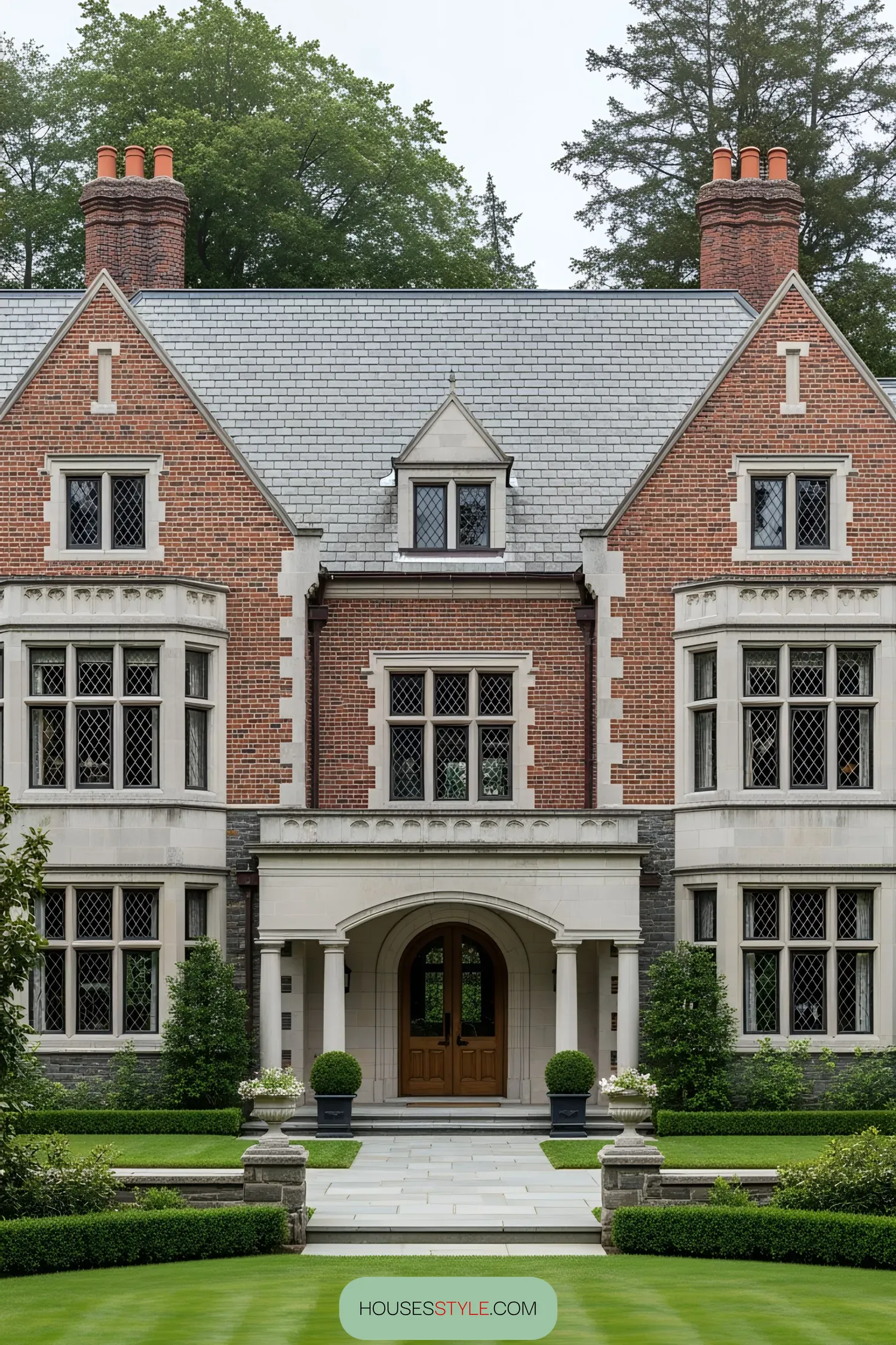 Grand brick manor with lush lawn and arched entrance