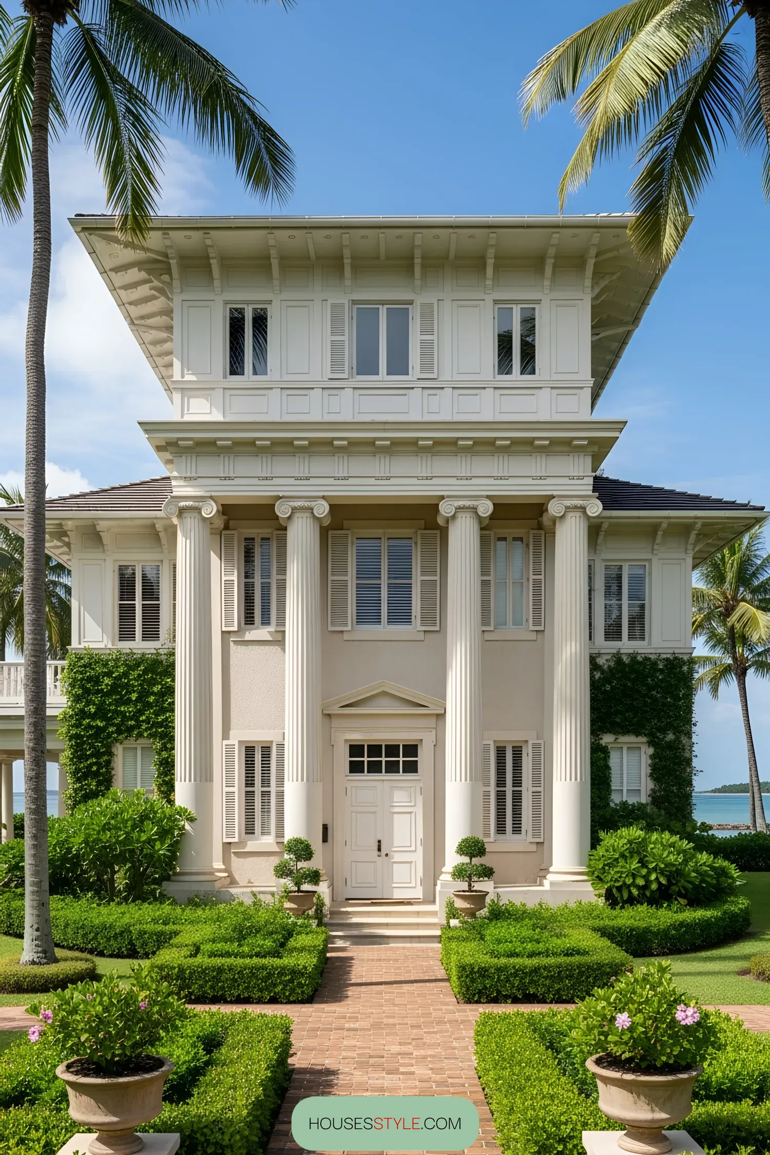 Stately colonial house surrounded by palm trees and greenery
