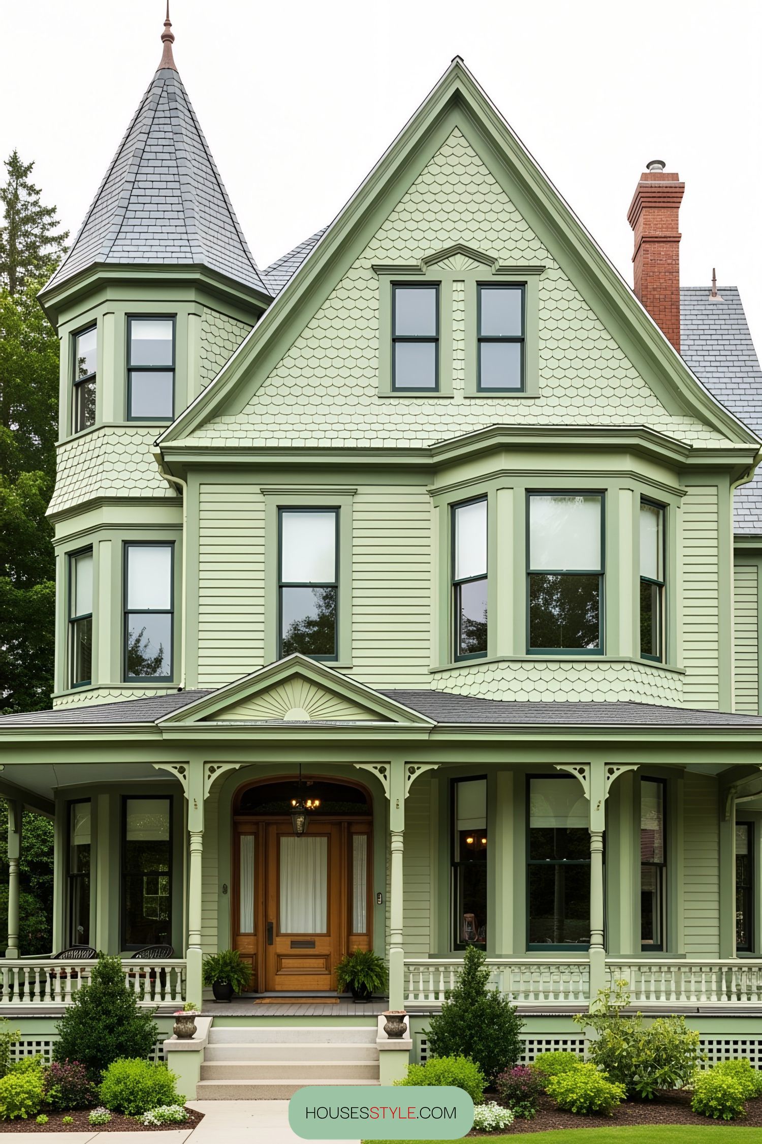Victorian house with green exterior and ornate details