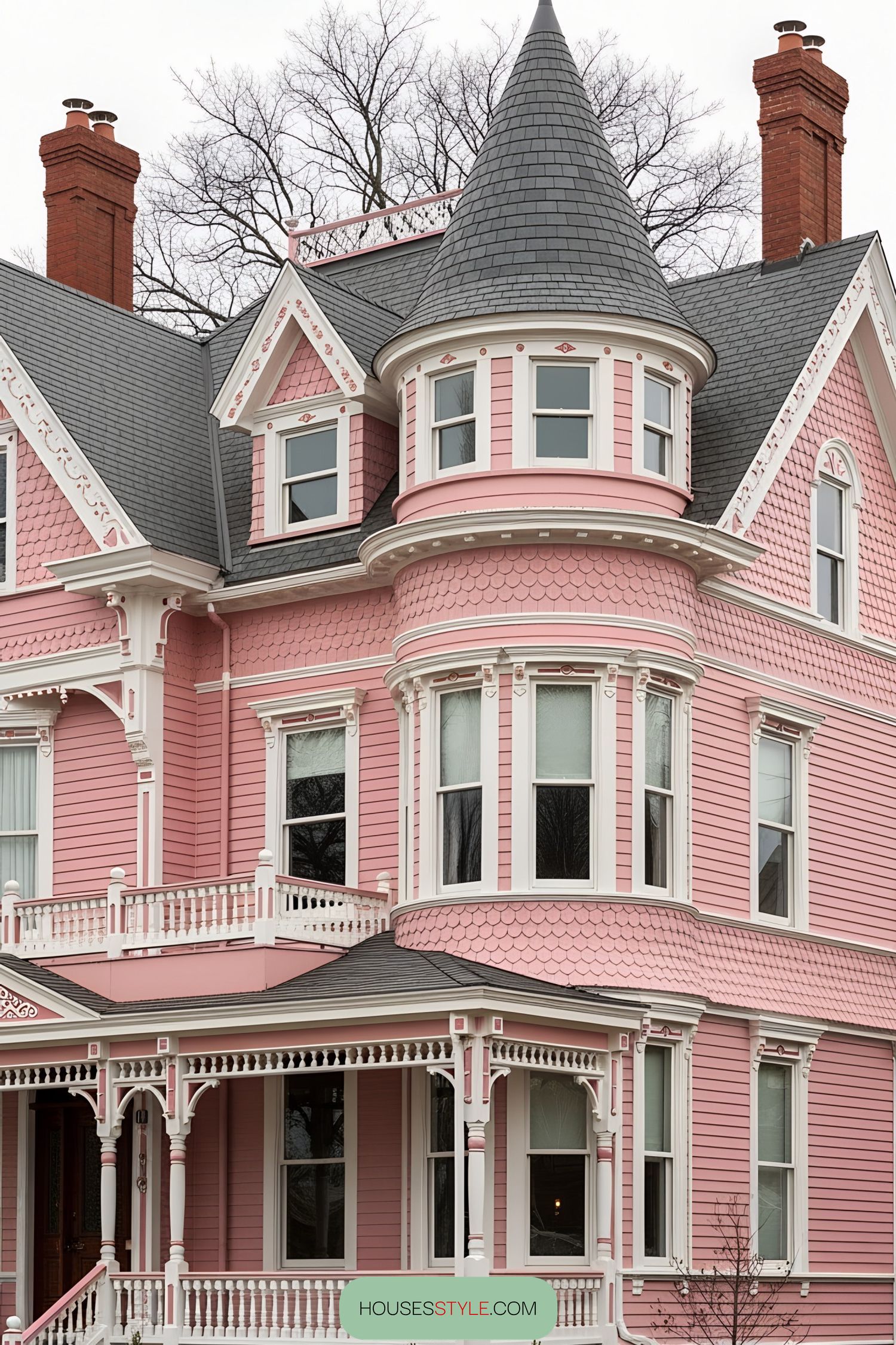 Pink Victorian house with a turret and white trim