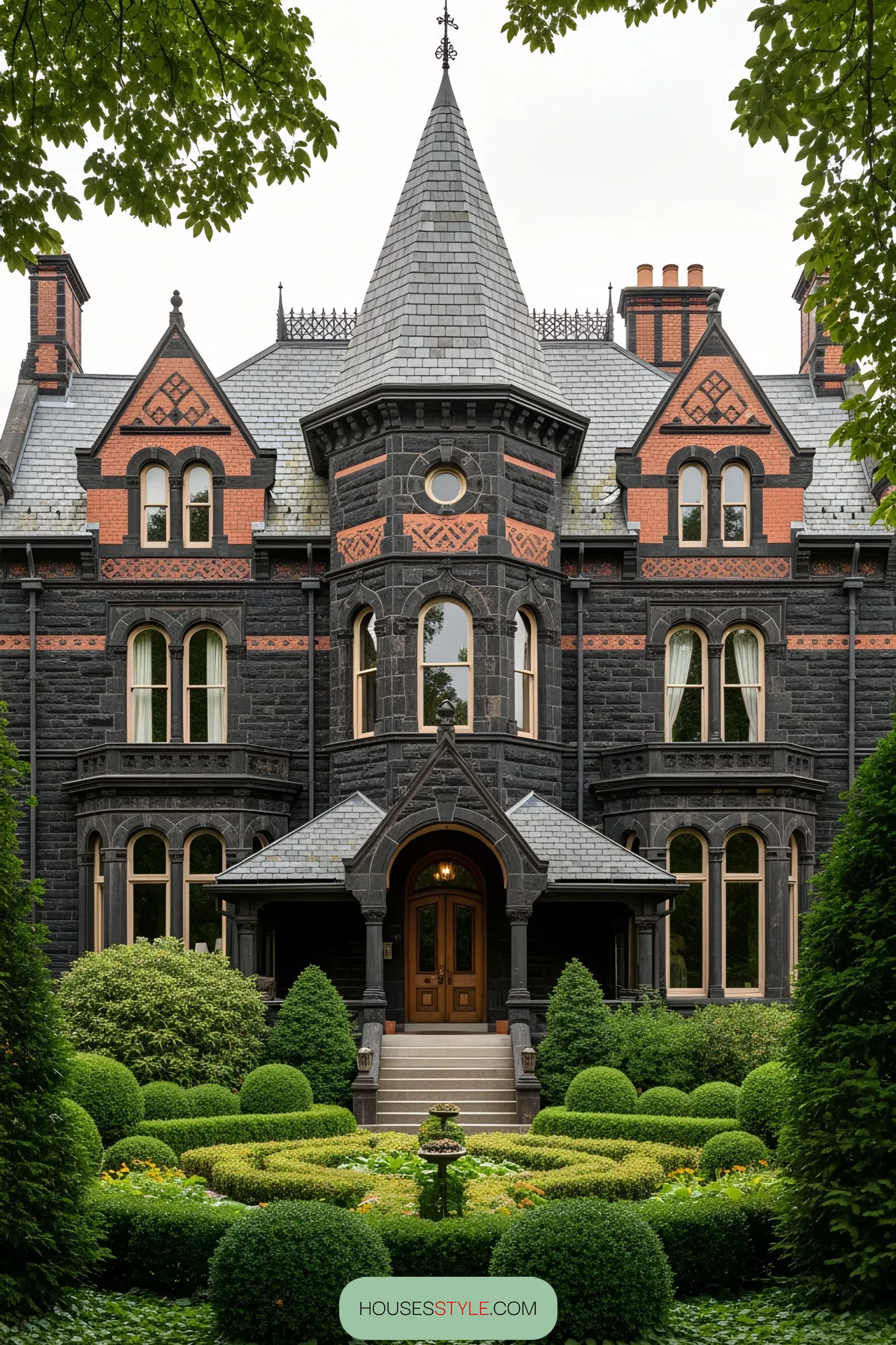 Black Victorian house with intricate details and lush garden