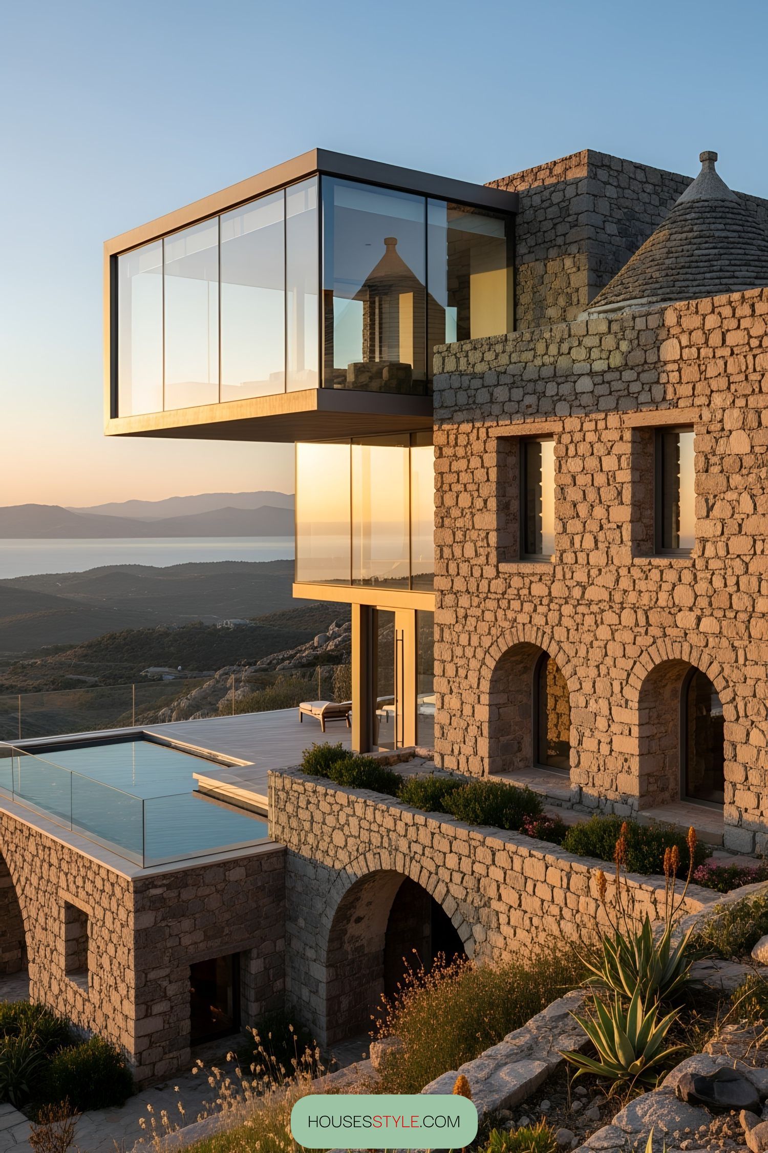 Modern glass structure cantilevered over rustic stone house