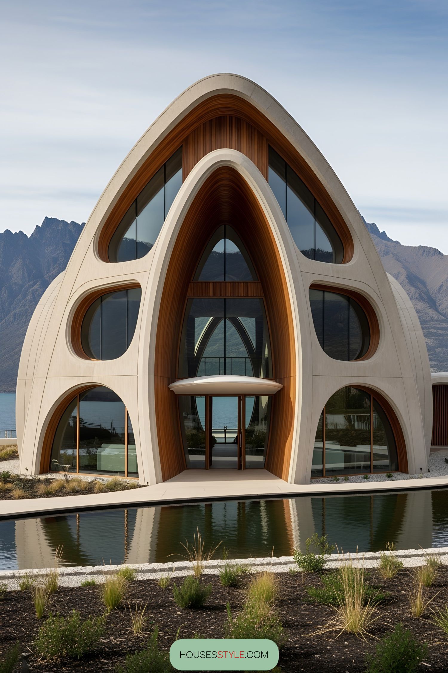 Modern arch-shaped building next to a reflecting pool and mountains