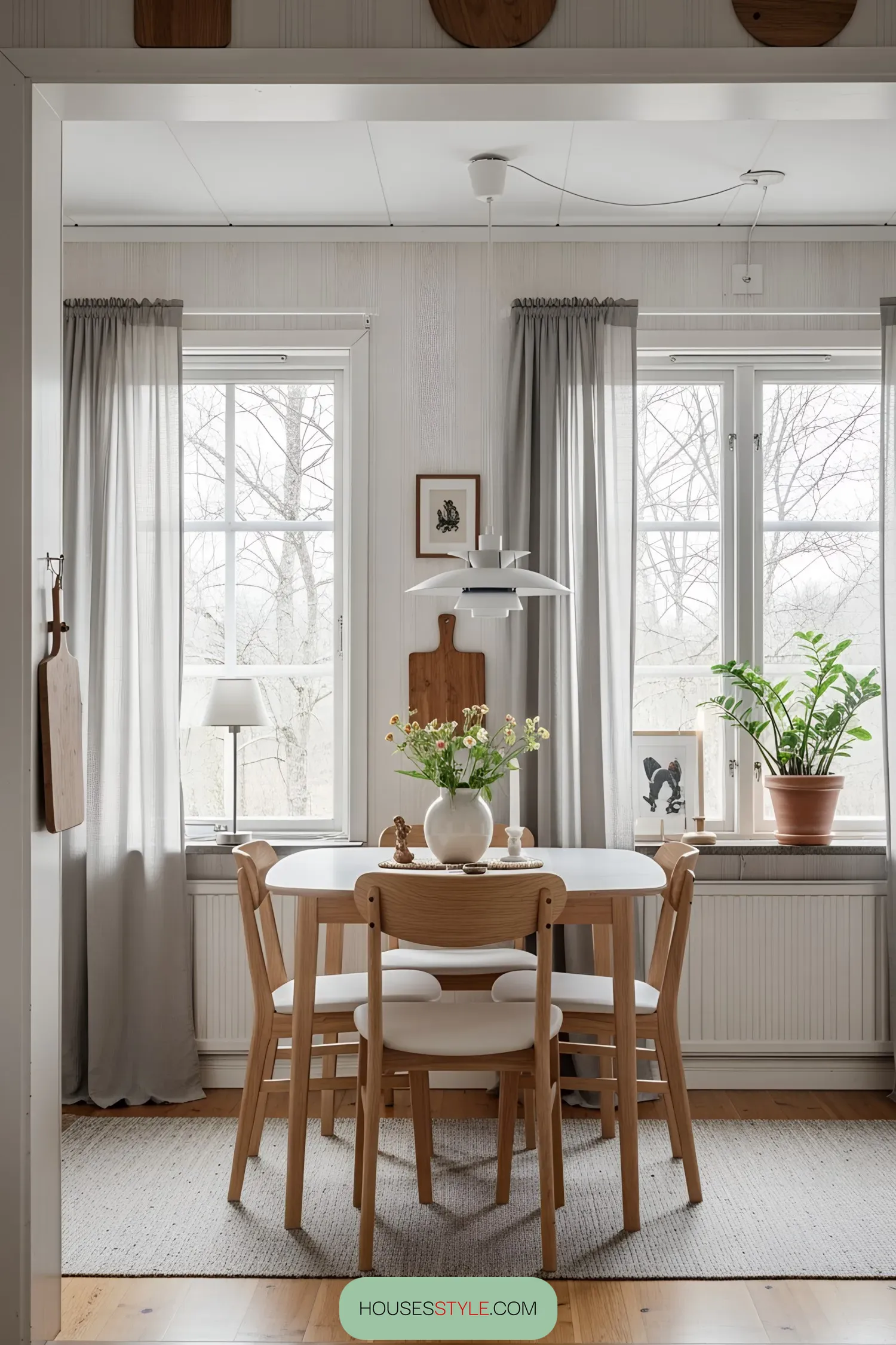 Light-filled dining area with wooden furniture