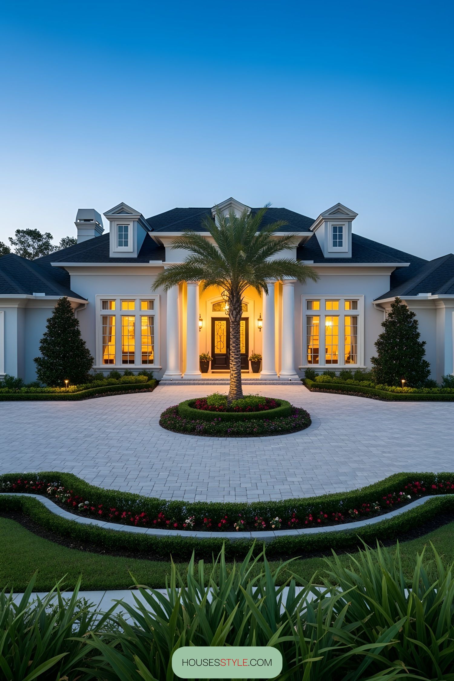 Elegant one-story home with palm tree and columns