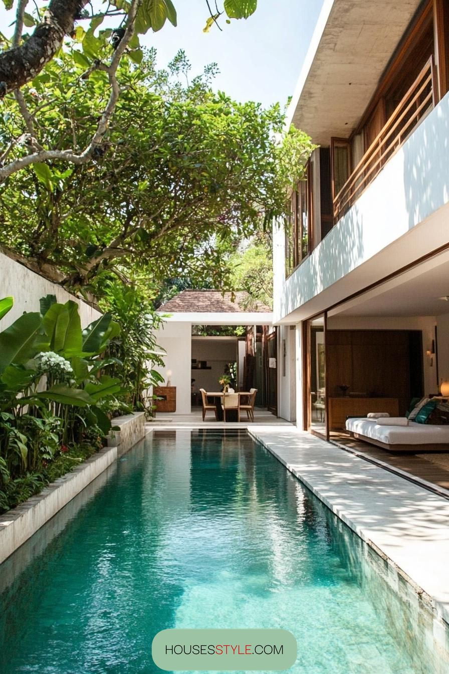 modern house with a compact pool along the wall tree lined garden 2