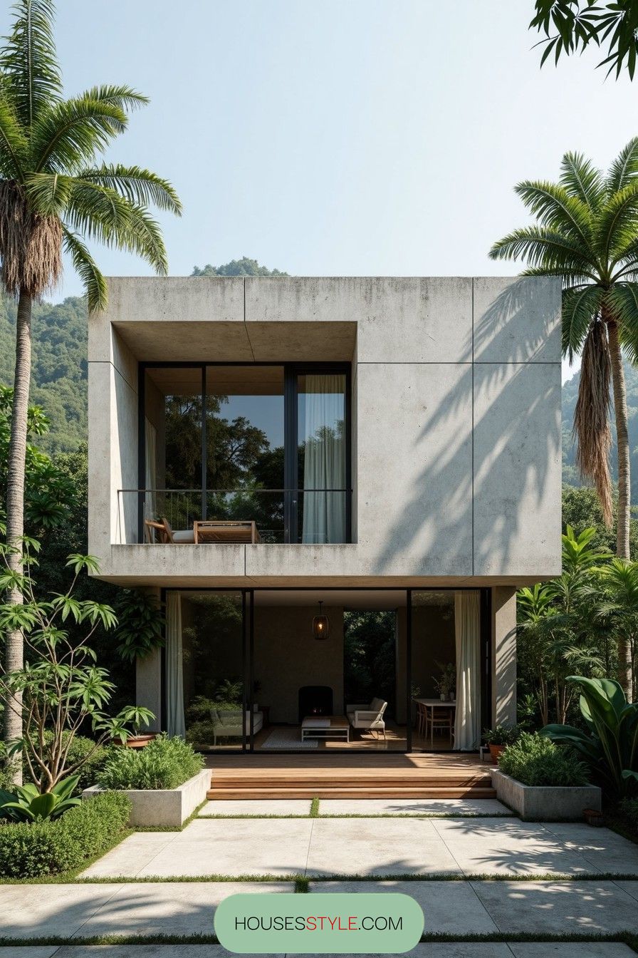 Simple concrete house amidst lush greenery