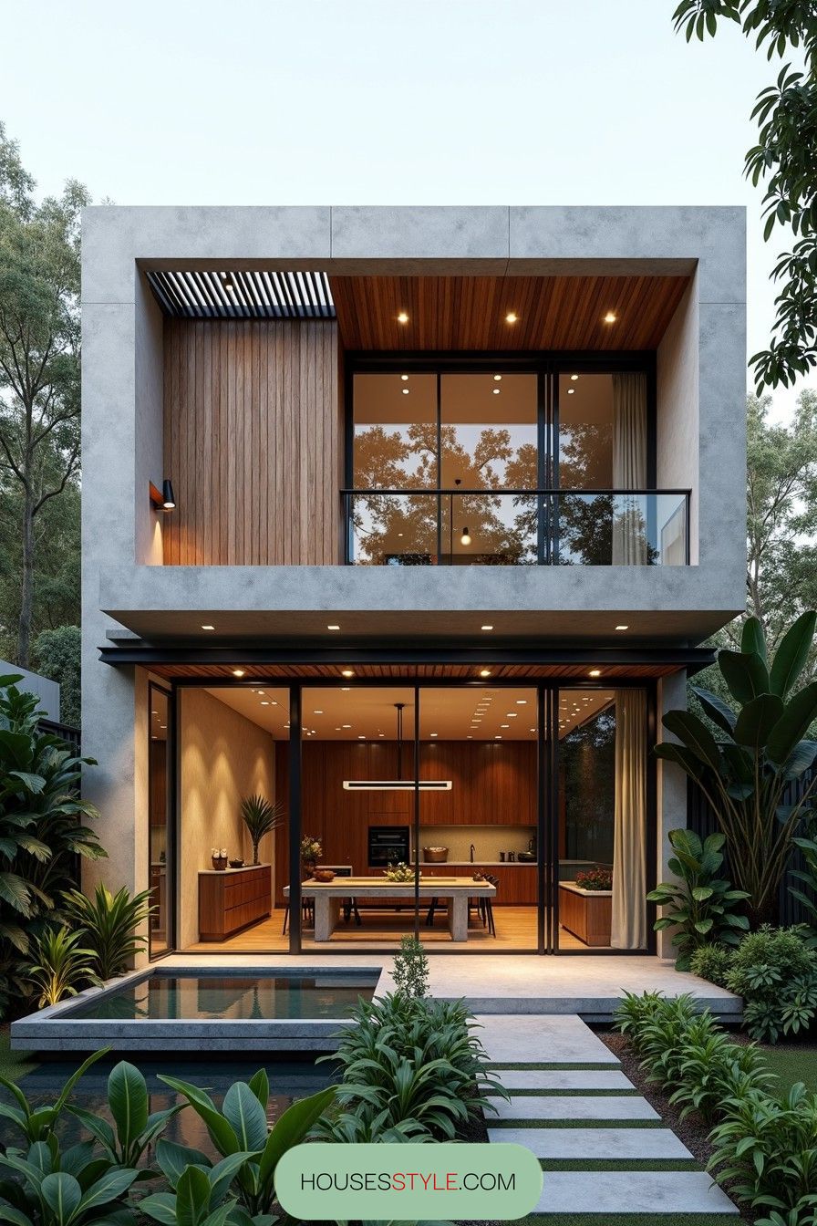 Modern house with large glass windows surrounded by lush greenery