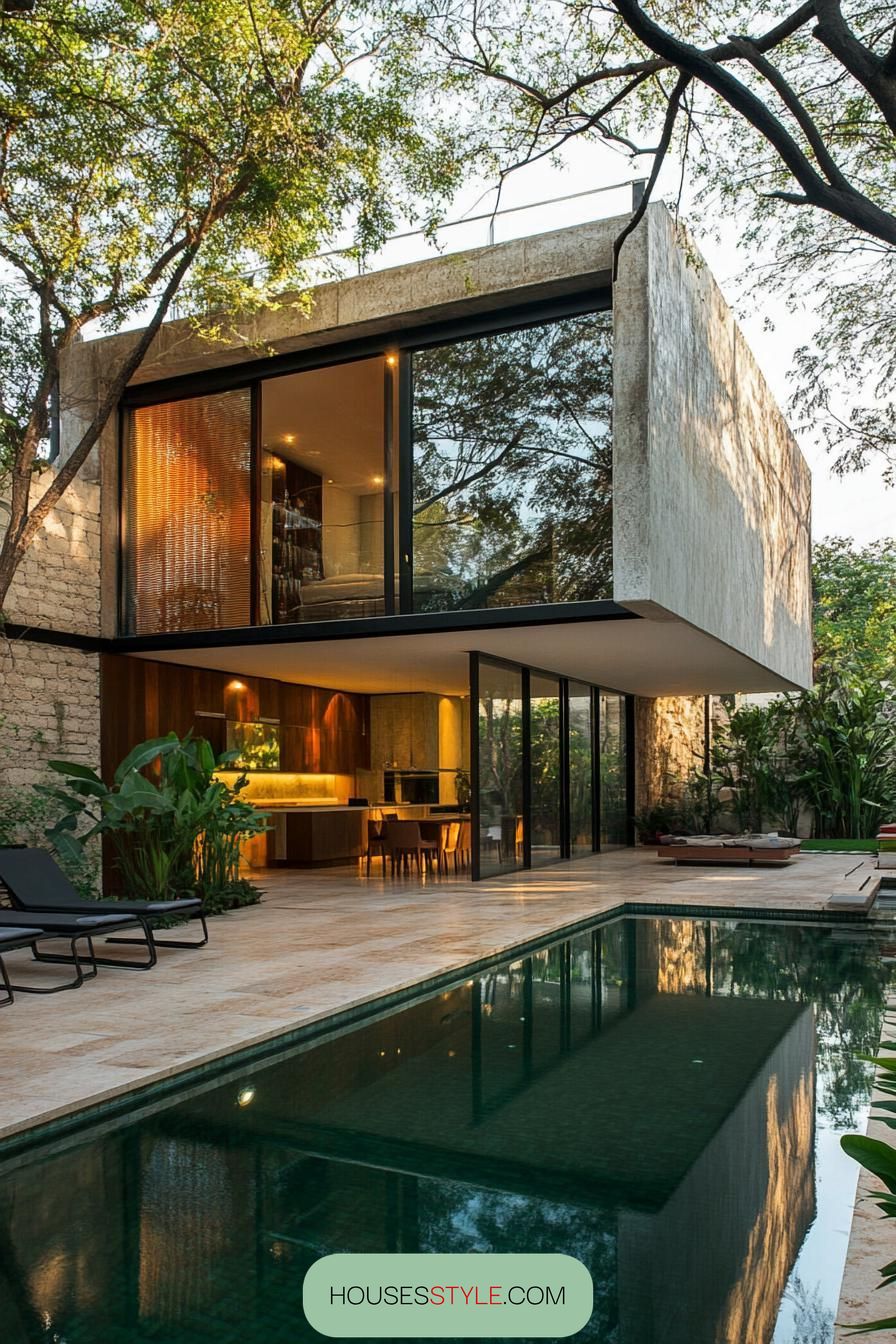 modern house with a compact pool along the wall tree lined garden 1
