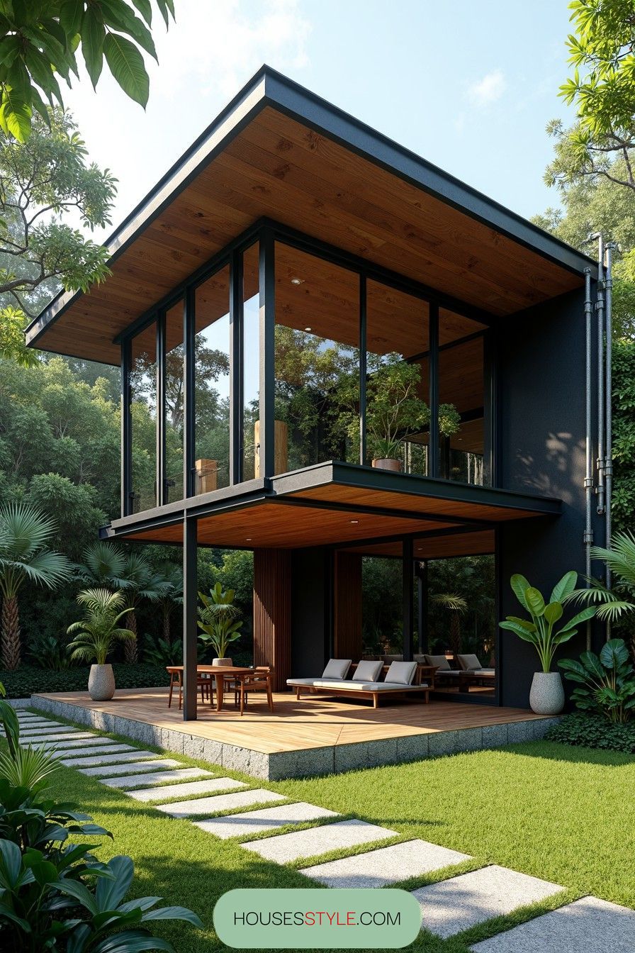 Modern two-story house with glass facade in tropical setting