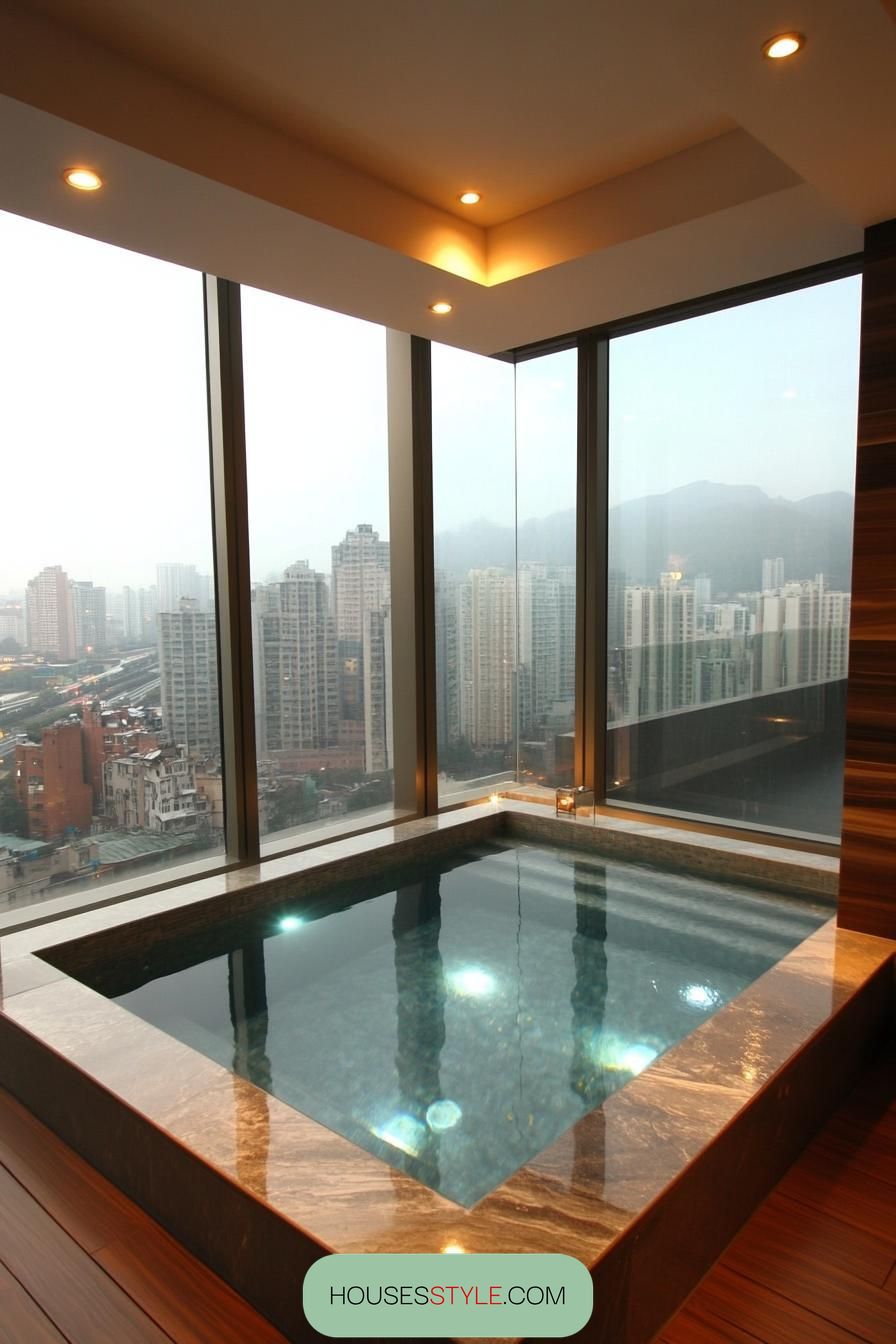 modern small indoor pool glass walled with city views