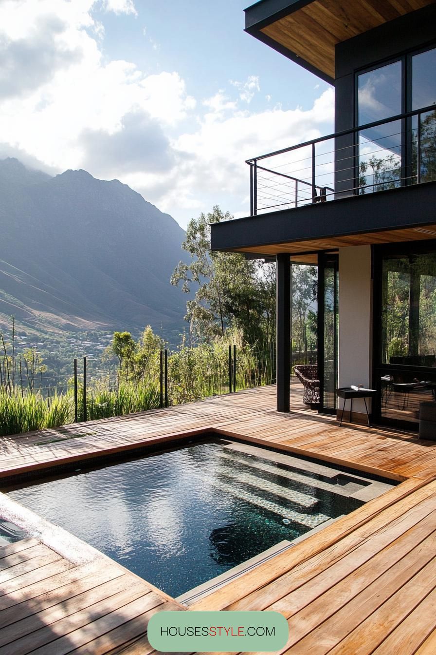 modern house raised deck with small pool mountain views