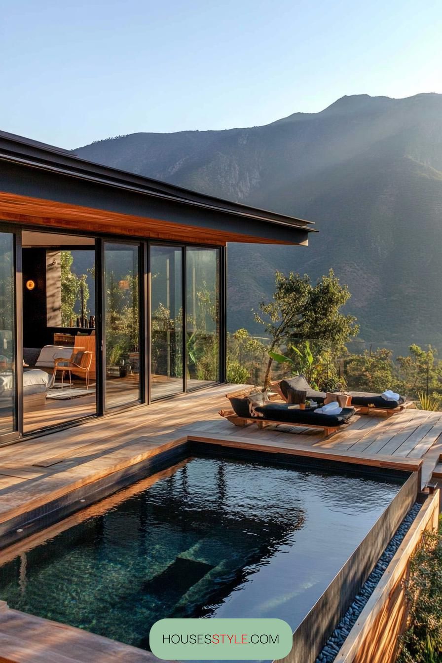 modern house raised deck with small pool mountain views 3