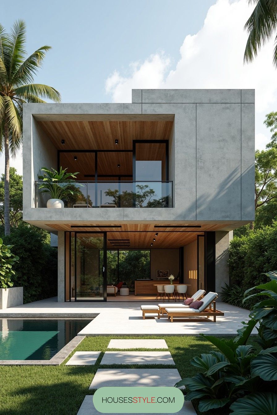 Modern concrete house with pool and greenery