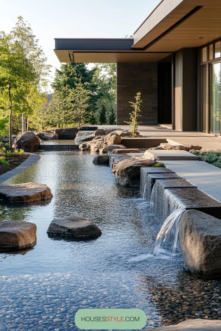 modern house small pool with waterfall zen garden 2